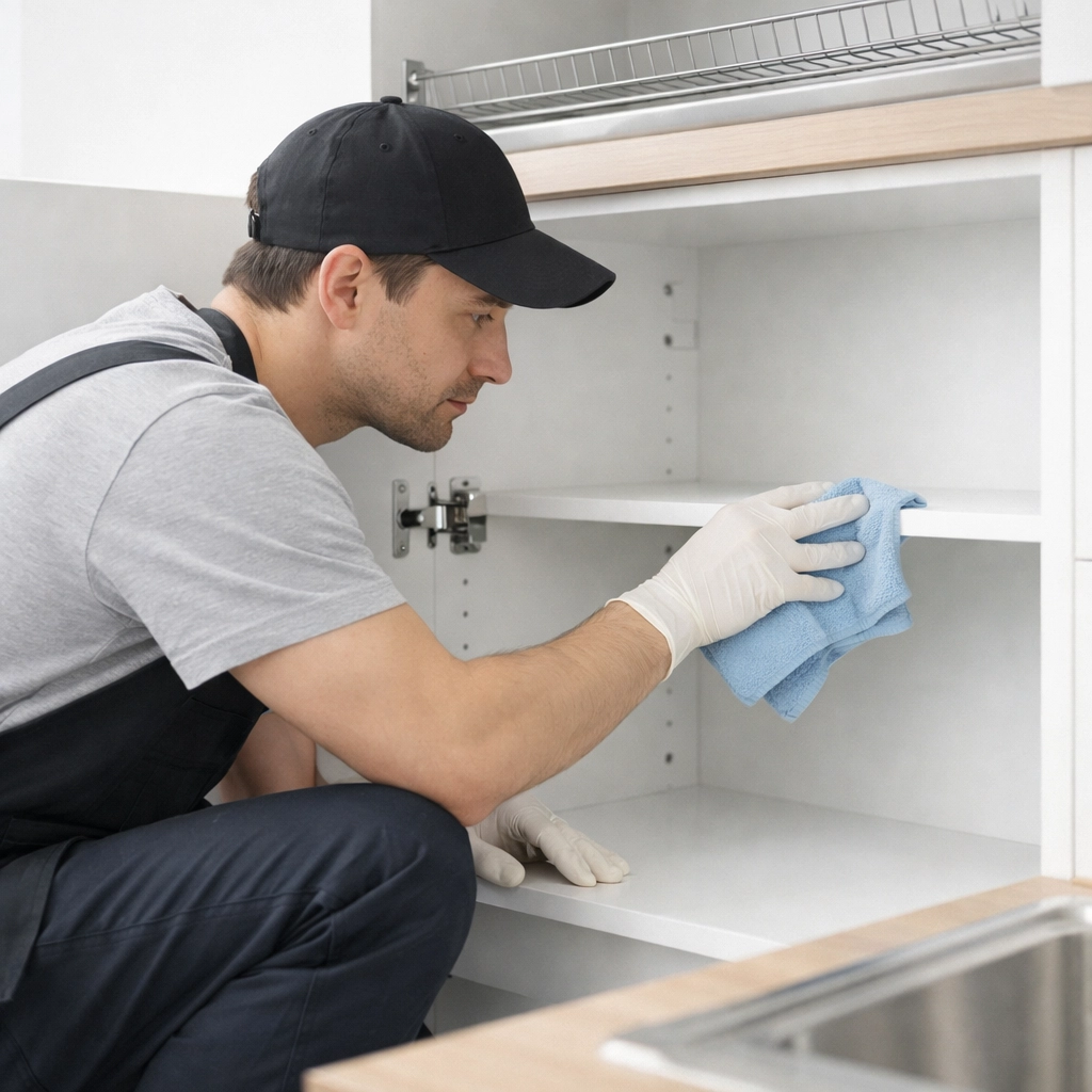 Professional cleaner deep cleaning inside kitchen cabinet during apartment make-ready turnover