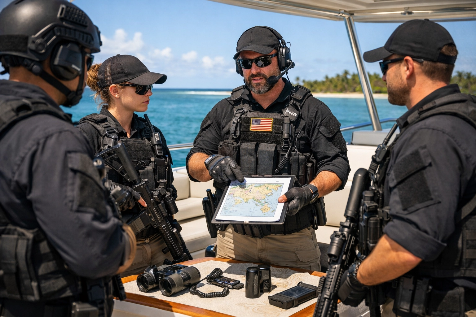 Armed maritime security team conducting yacht protection briefing in Medellin Colombia