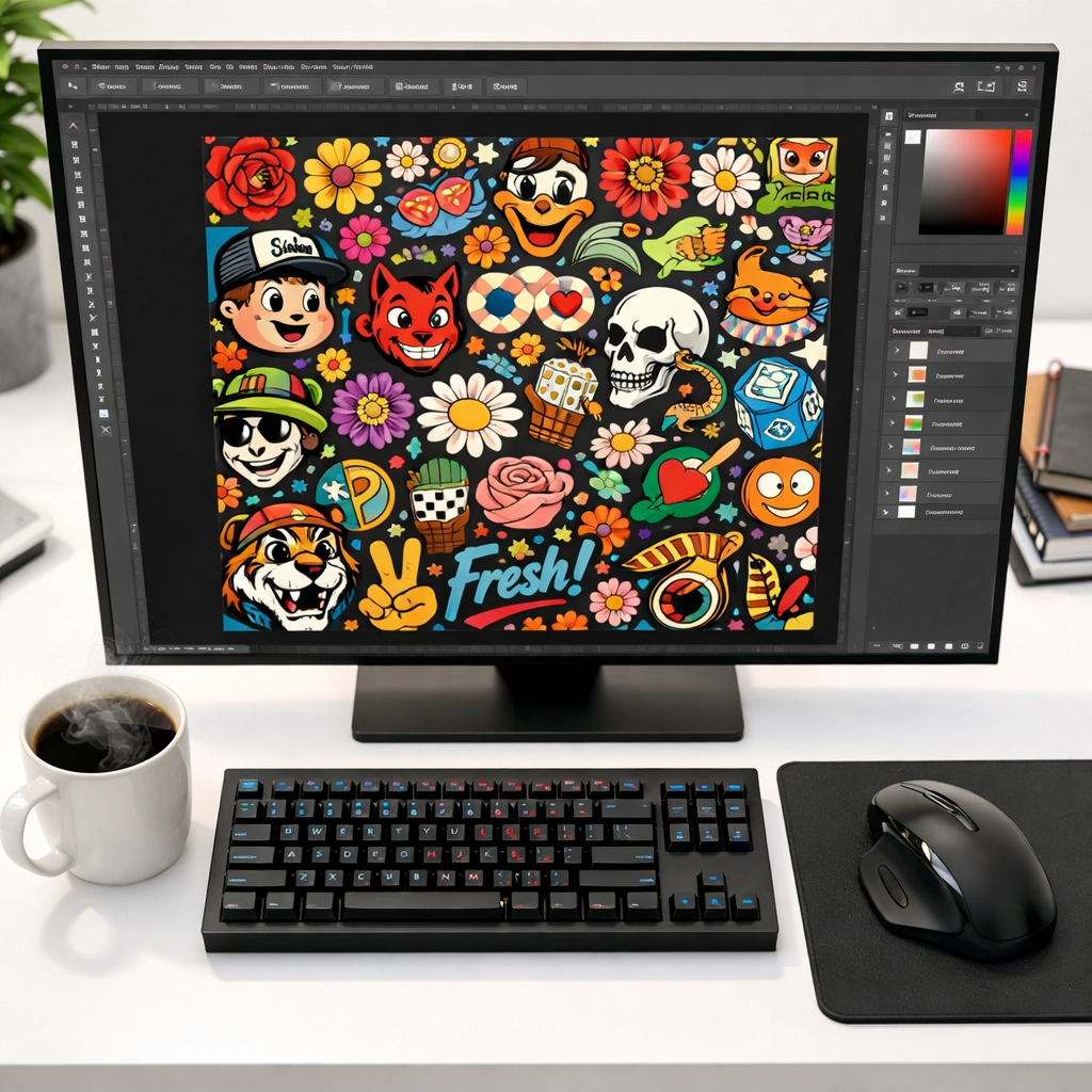 Graphic designer creating an 11x11 custom gang sheet layout on a computer screen for DTF transfers.