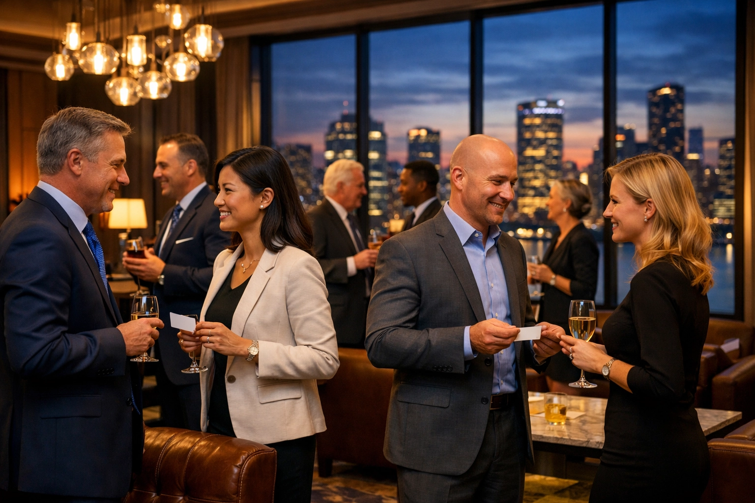 Business executives networking at upscale hotel lounge during Super Bowl corporate event