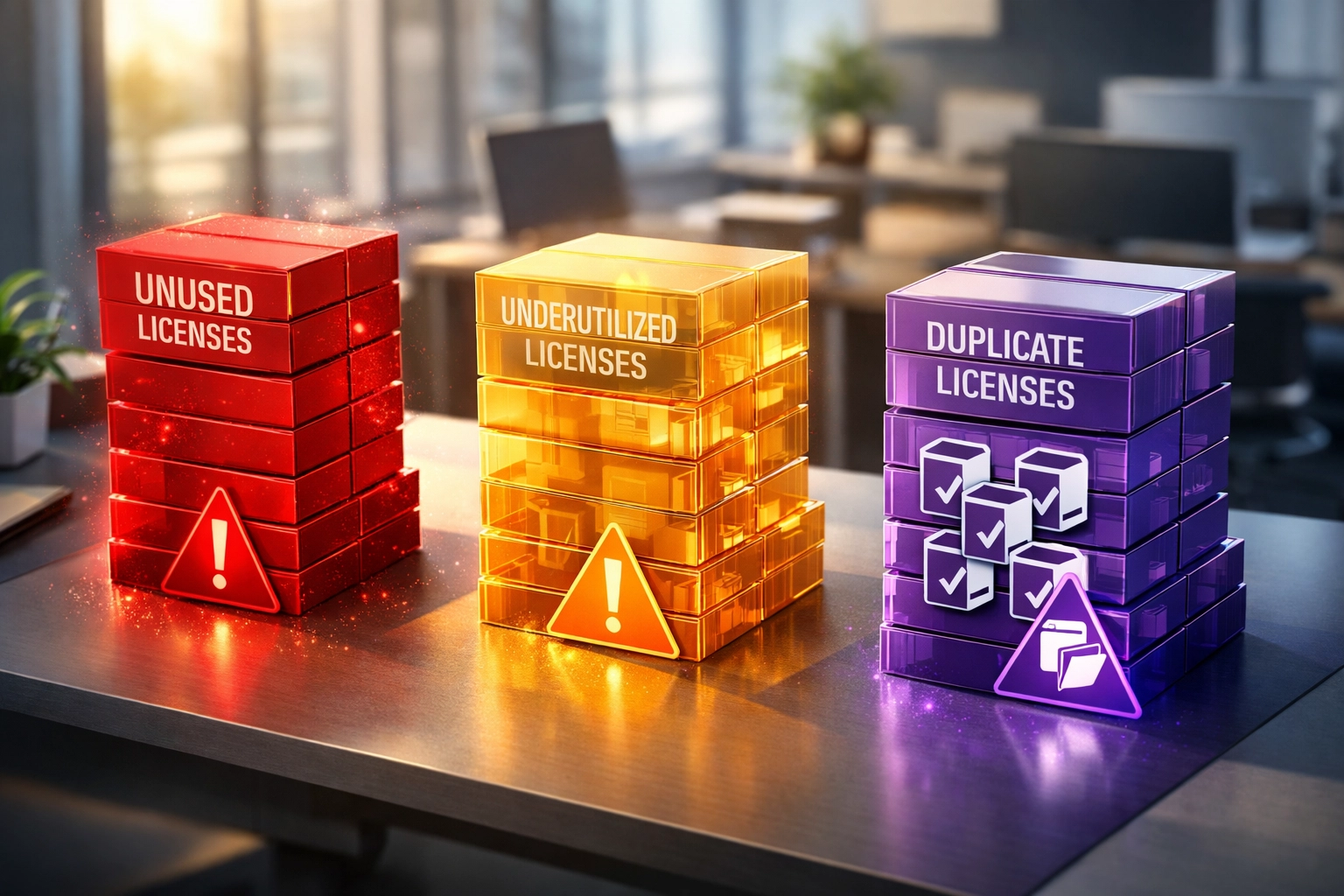 Three categories of software license waste: unused, underutilized, and duplicate licenses identified by AI