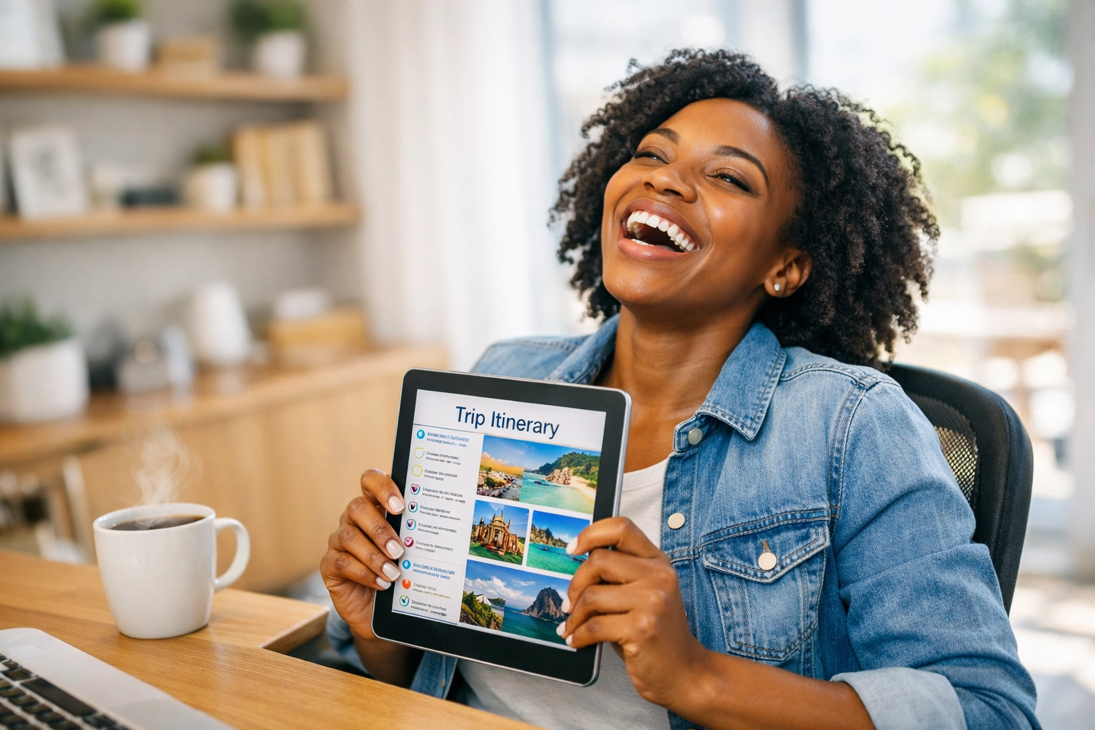 A woman in her Omaha home office excitedly viewing a custom travel itinerary on a tablet.