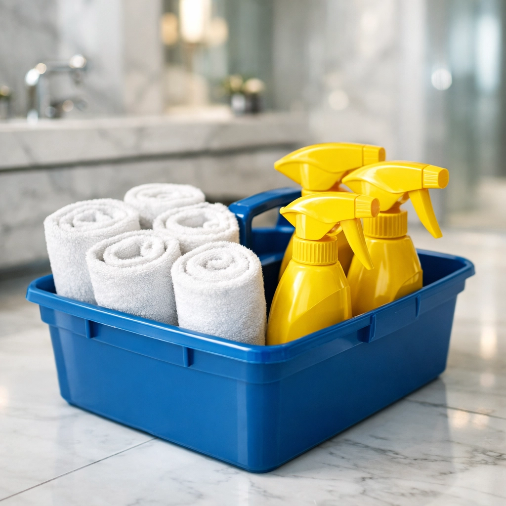 Professional cleaners' organized equipment caddy sitting on a clean marble bathroom floor.