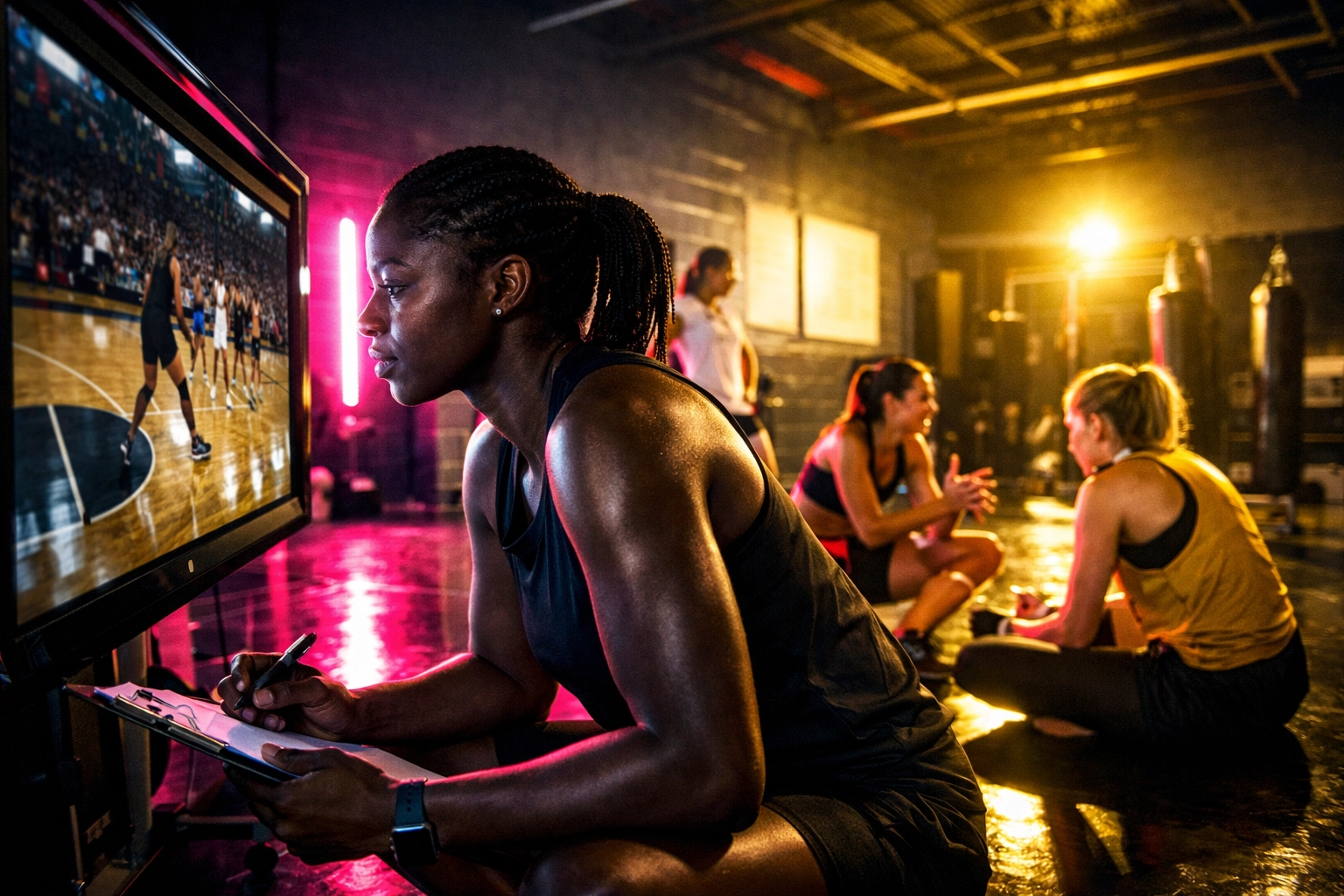 Women athletes reviewing strategy and training for sustainable success