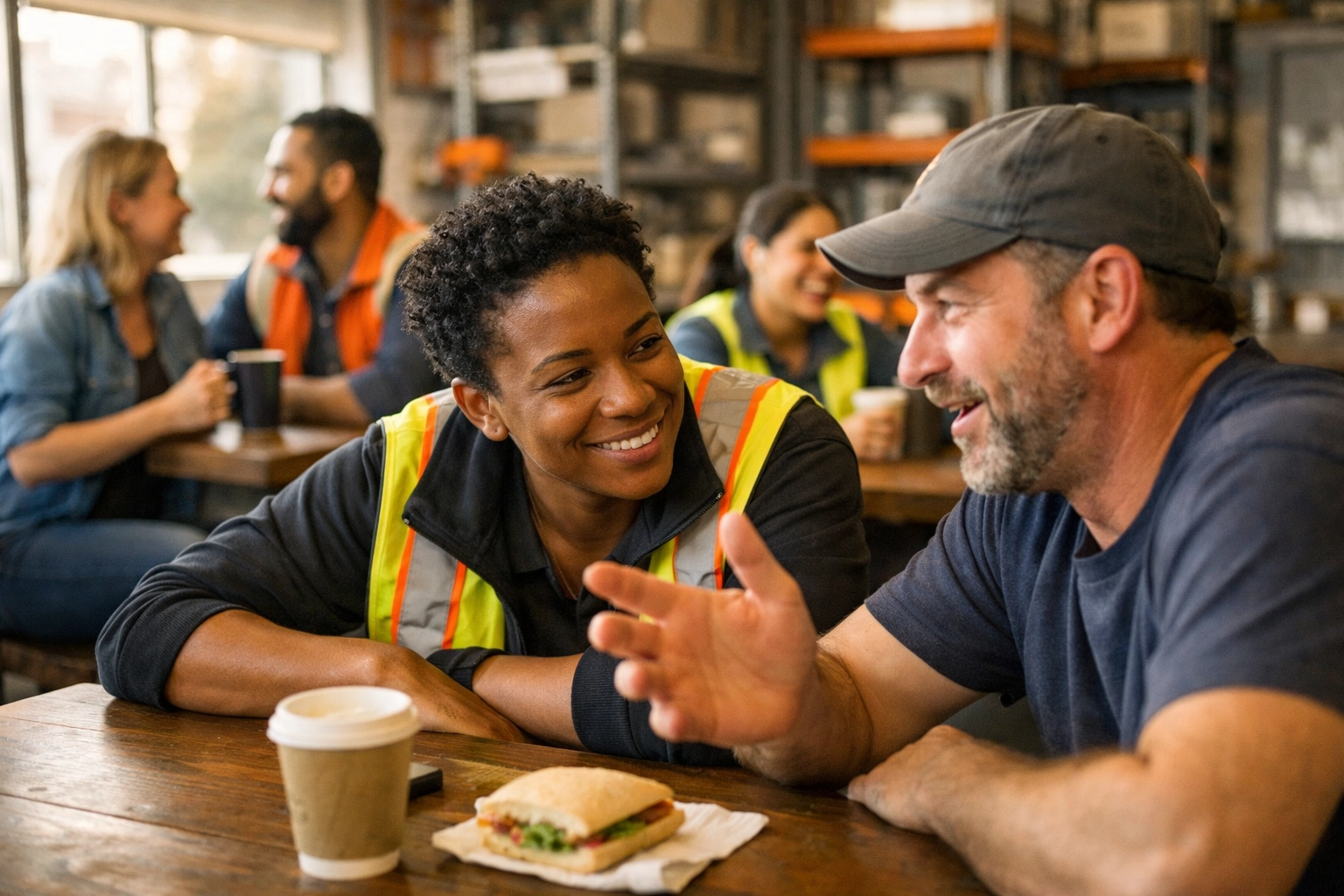 Coworkers connecting in warehouse break room demonstrating workplace safety culture