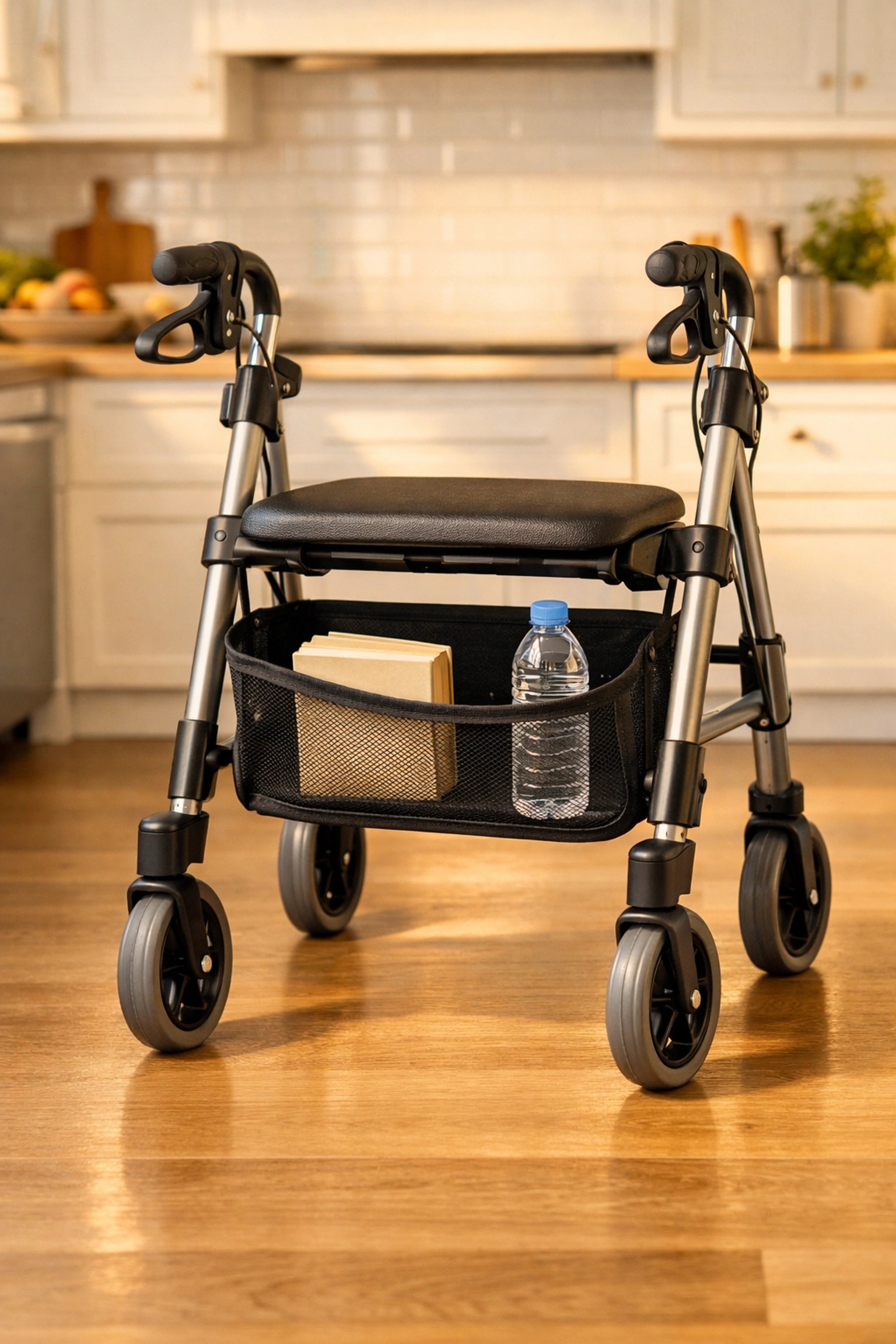 Rolling walker with items stored in an under-seat basket to prevent tipping and maintain stability.