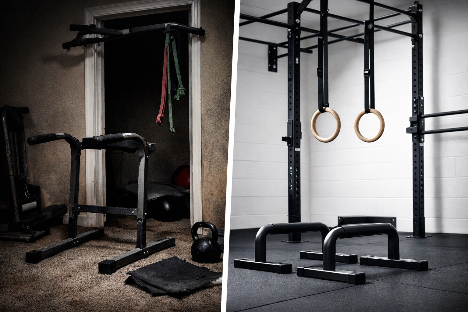 Comparison of cheap broken home gym equipment versus professional-grade modular fitness gear