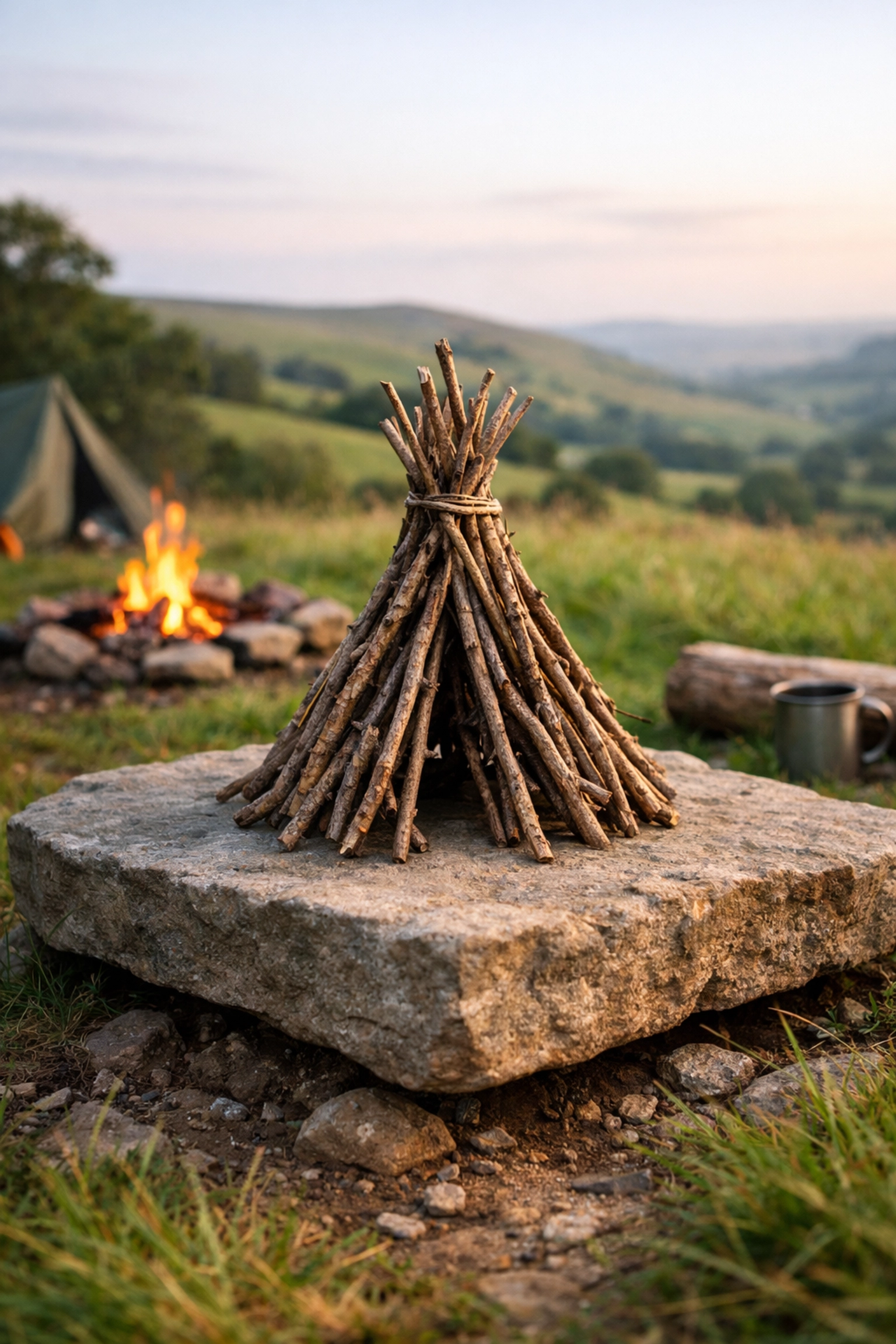 Building a teepee fire structure with dry twigs on a stone base for a UK camping adventure.