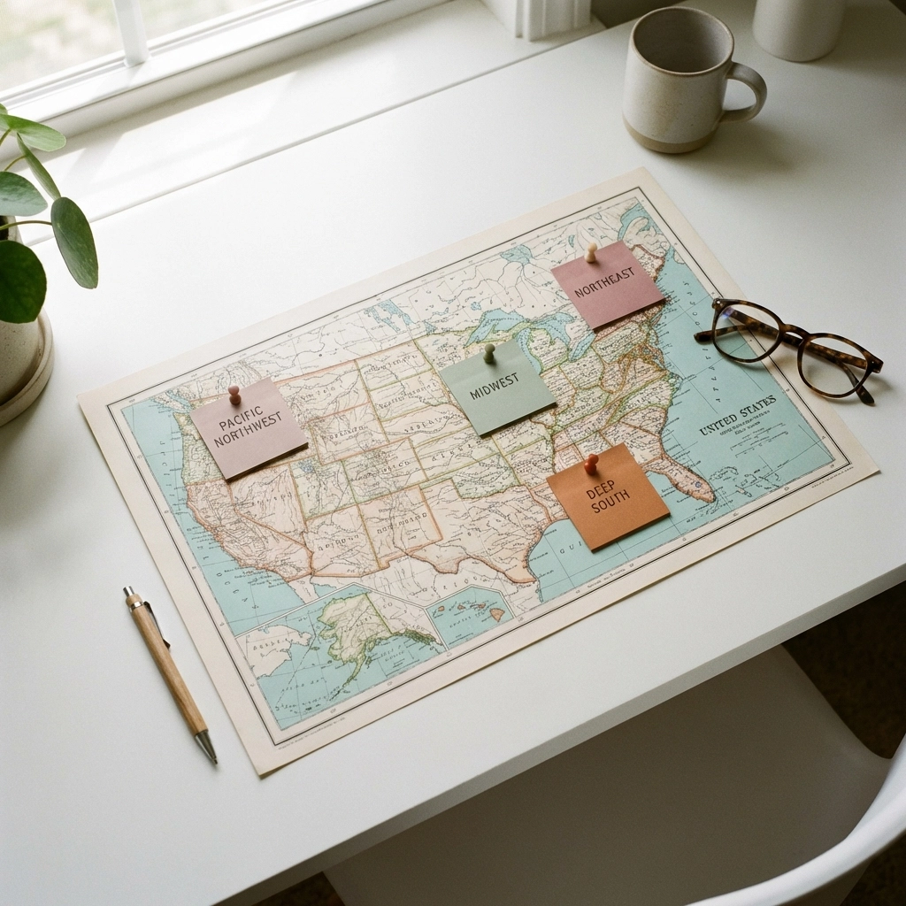 Minimalist office desk with a US map highlighting states, representing tax preparer state licensing differences