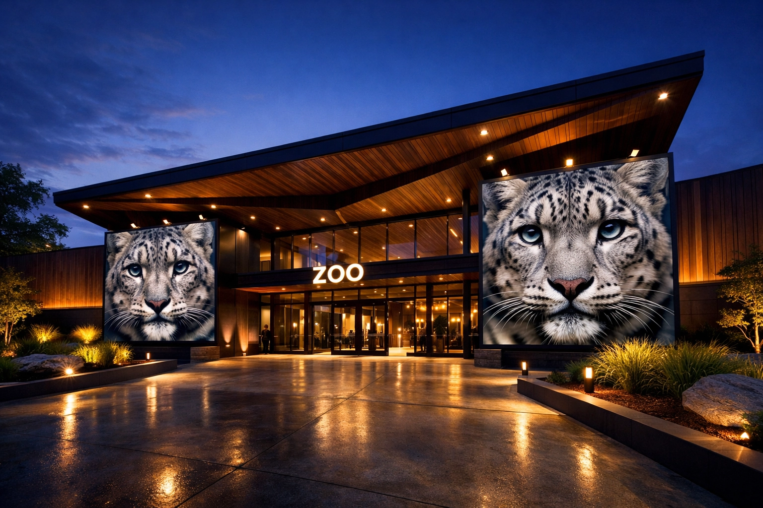 Modern zoo entrance featuring professional branding and a digital display of a snow leopard for visual communication.