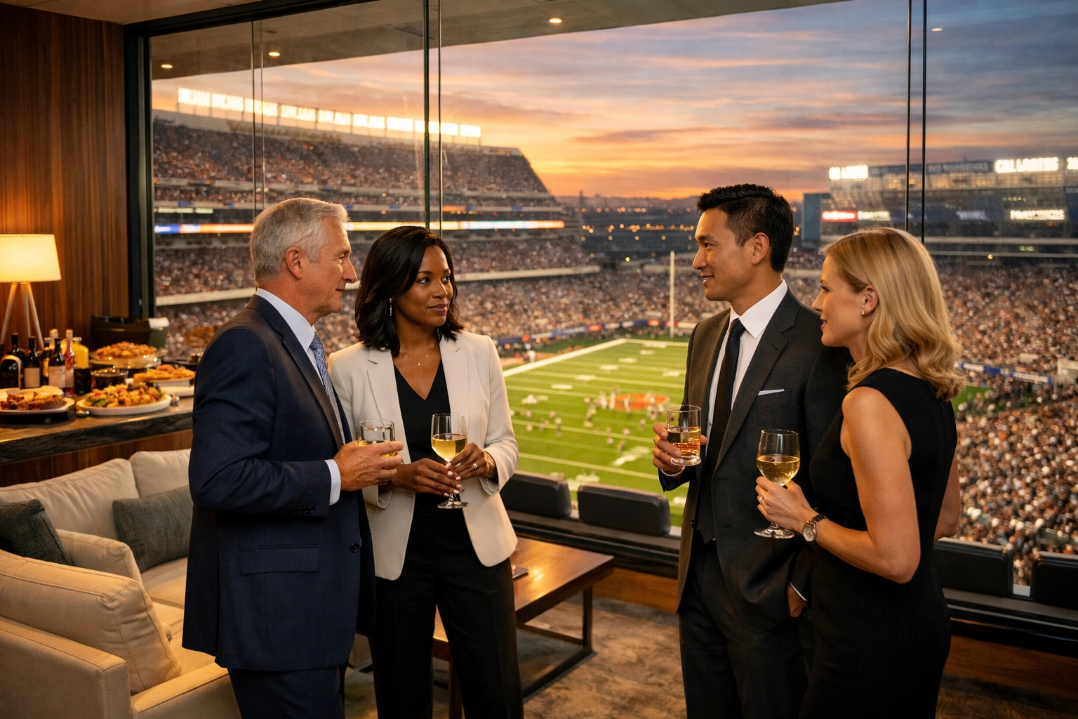 Business executives networking in a luxury stadium suite for elite Super Bowl relationship building.