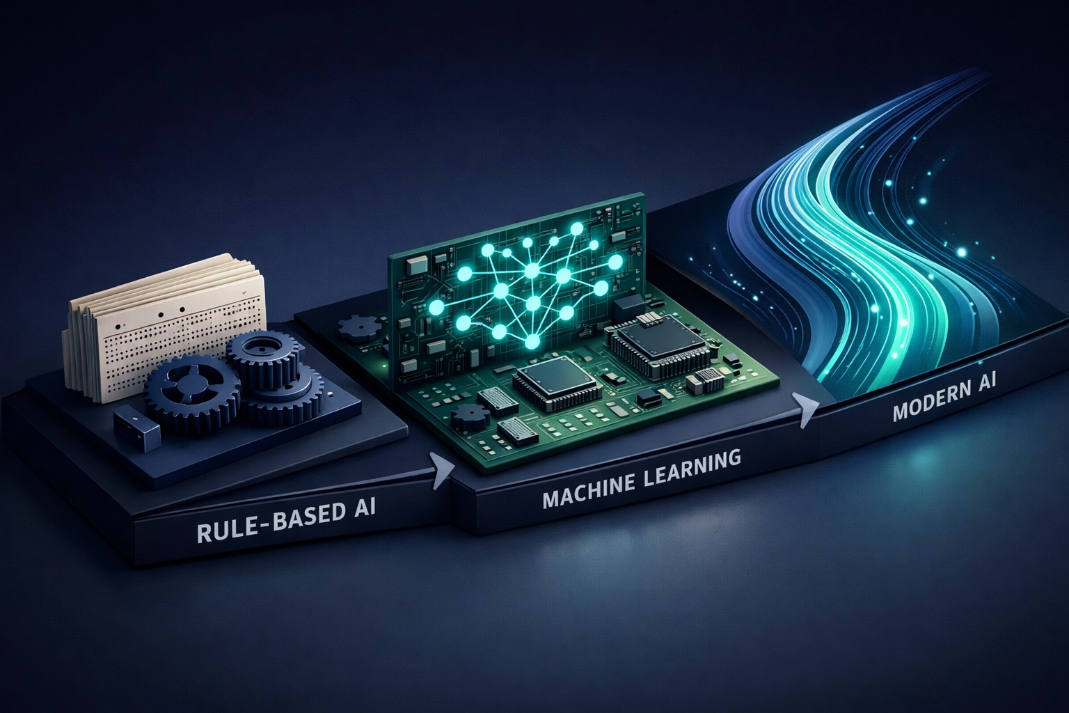 Timeline visualization of AI evolution from rule-based systems to modern machine learning
