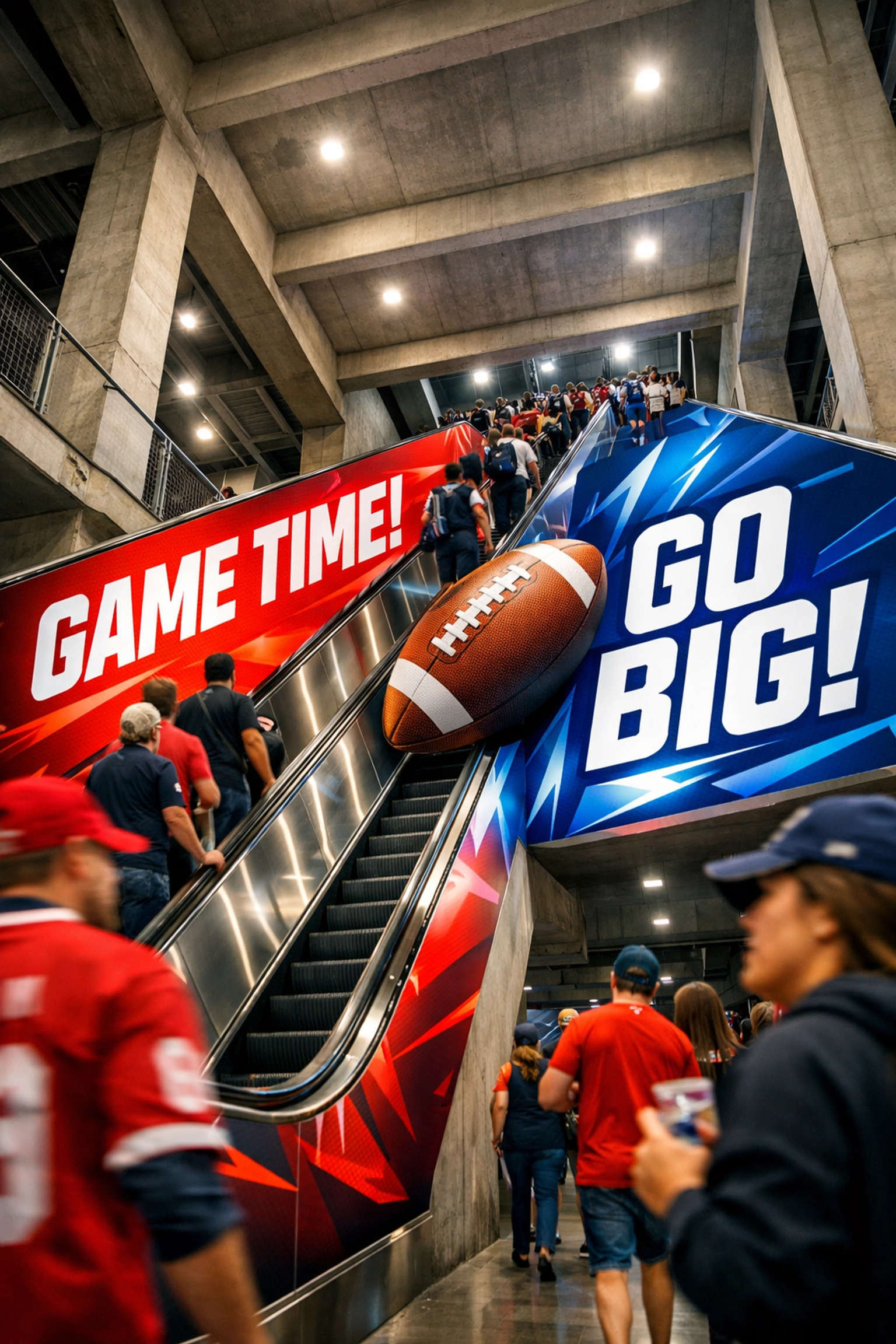 Strategic digital escalator wrap in a stadium capturing fan attention during high-traffic events.