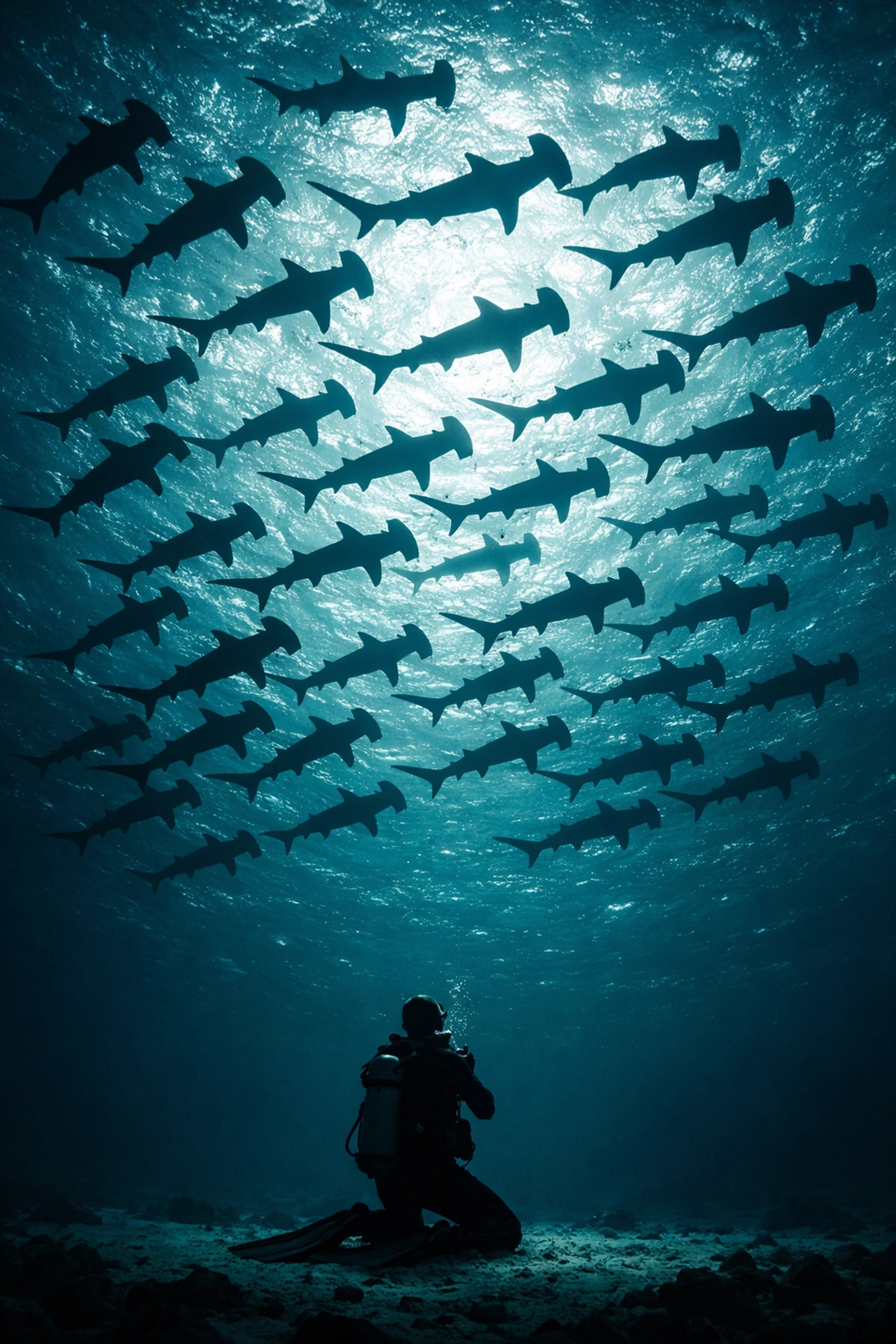 Massive school of scalloped hammerhead sharks silhouetted above a diver in the Galapagos.