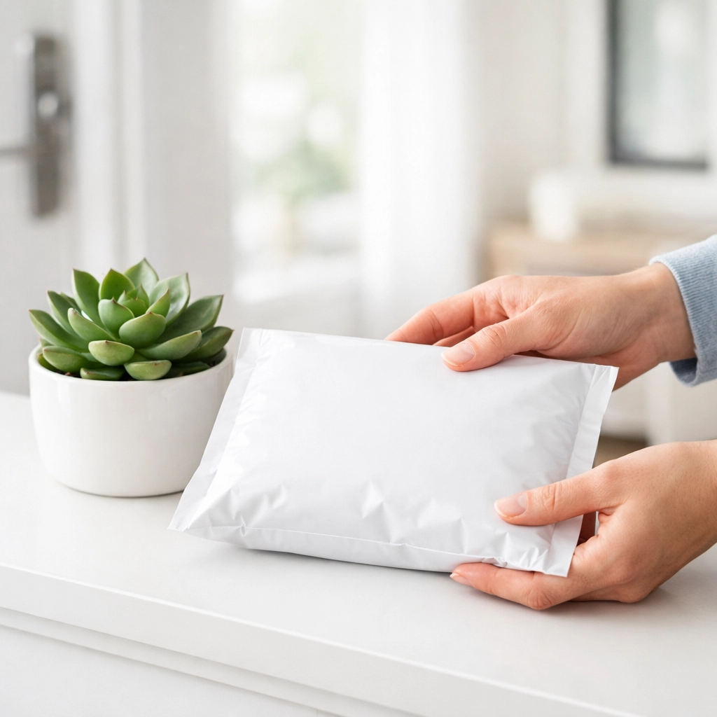 Hands picking up a discreetly packaged medical weight loss prescription delivered to a modern home.