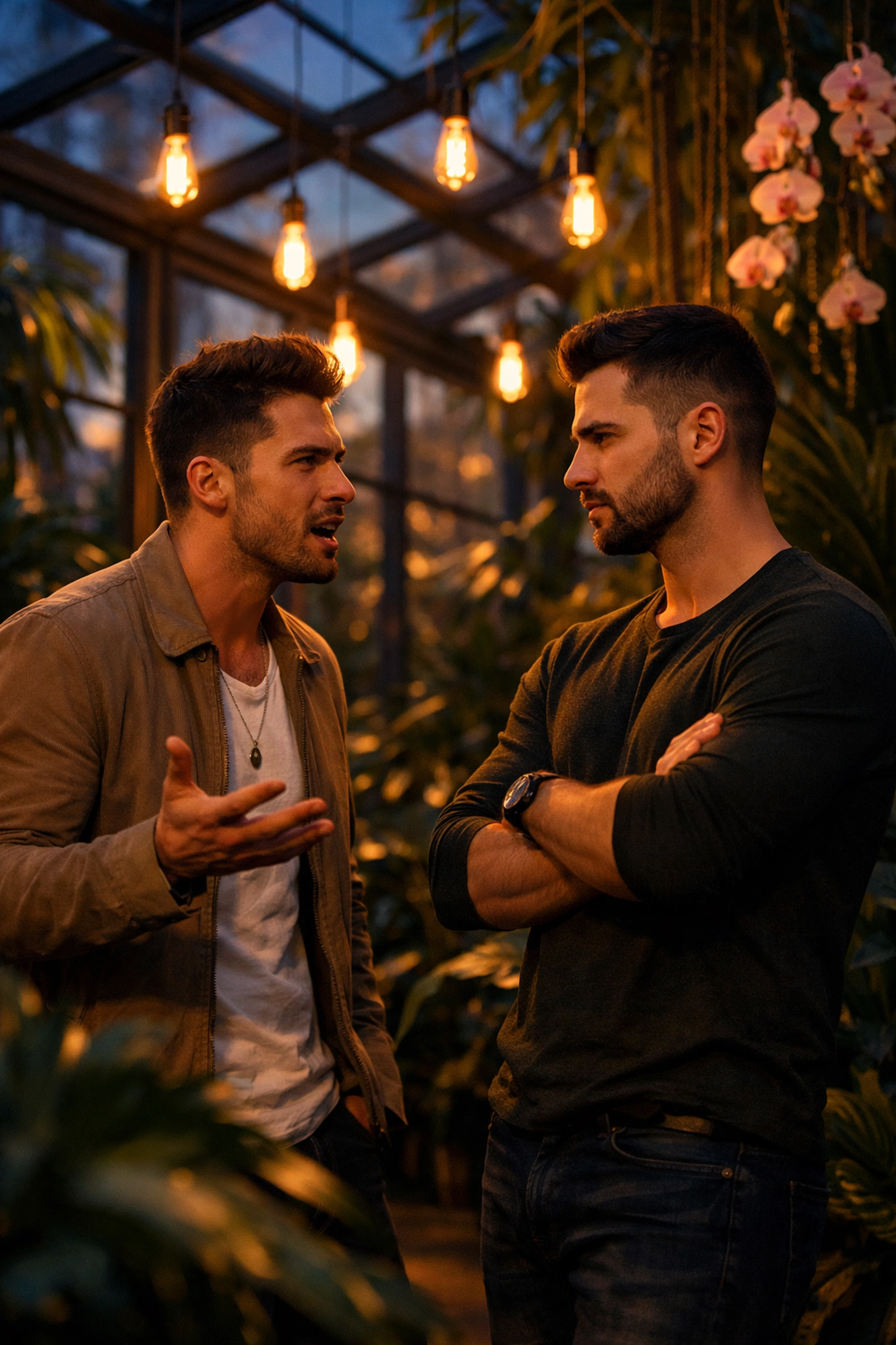 Two men in intimate conversation in greenhouse, MM romance and forced proximity theme