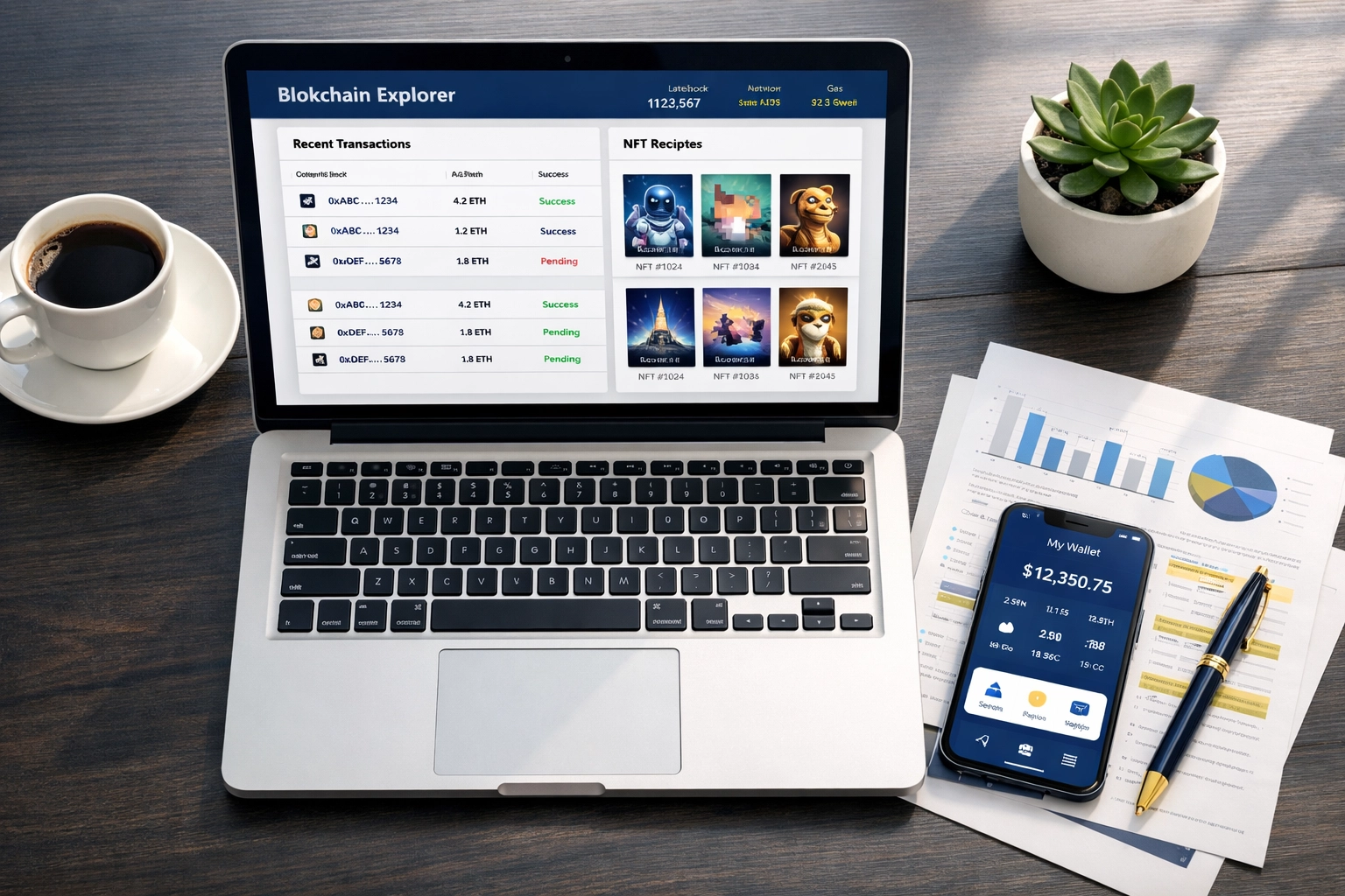 Blockchain explorer dashboard displaying crypto transaction data and NFT receipts for merchant accounting
