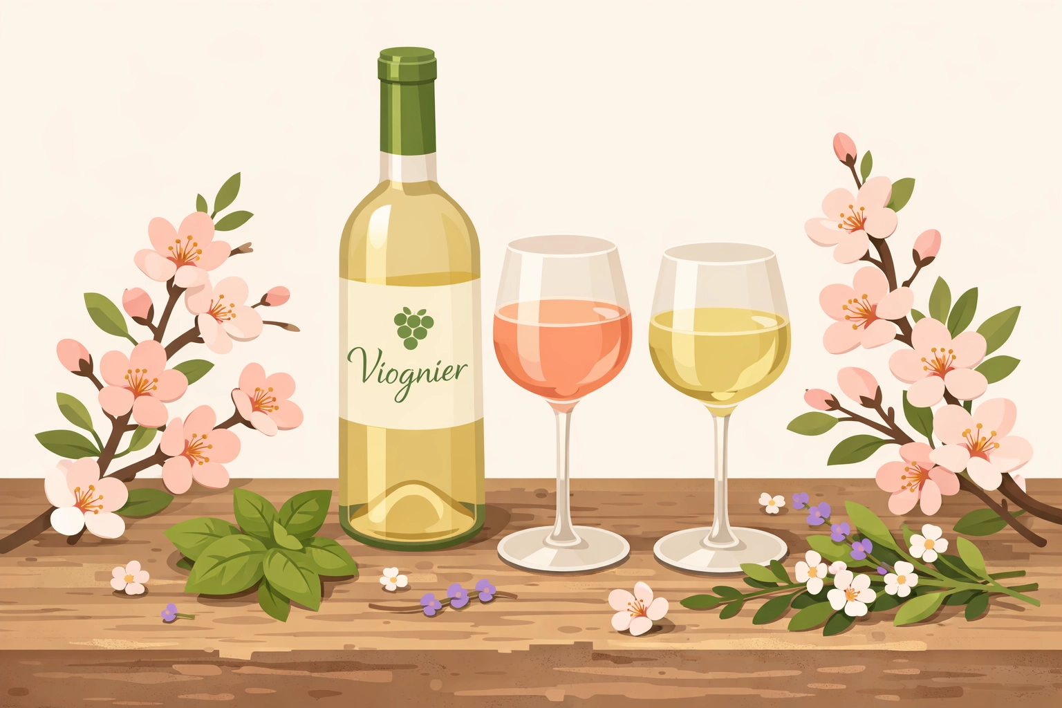 Spring wine selection featuring Virginia Viognier, rosé, and Chardonnay with fresh blooms