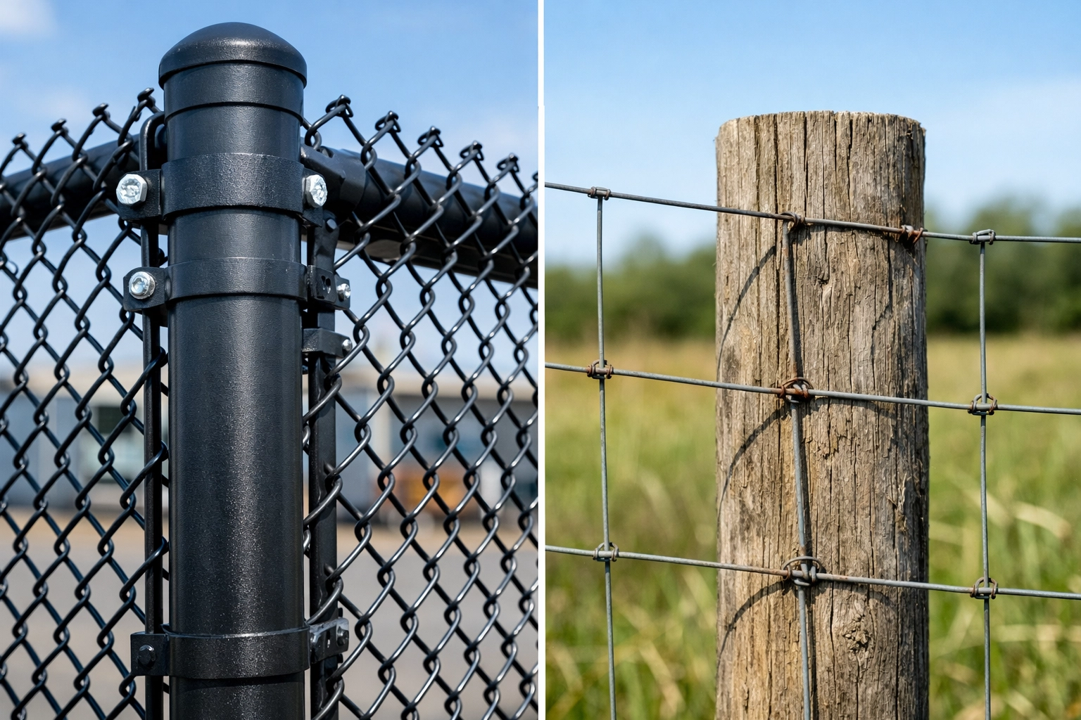 Side-by-side comparison of heavy-duty commercial fence versus basic agricultural wire fencing