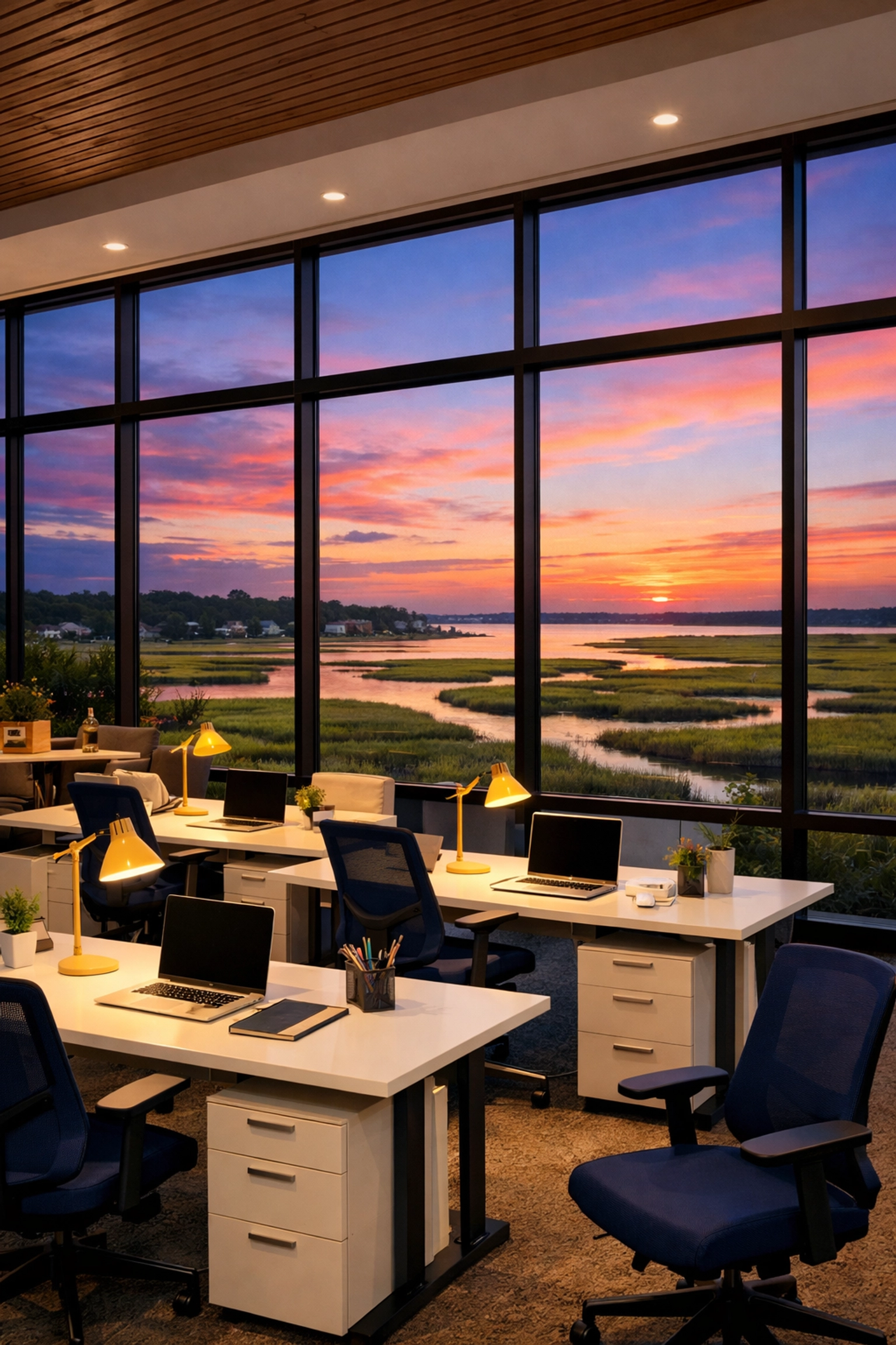 Clean and organized modern co-working space in Marshfield overlooking the scenic coastal marsh.