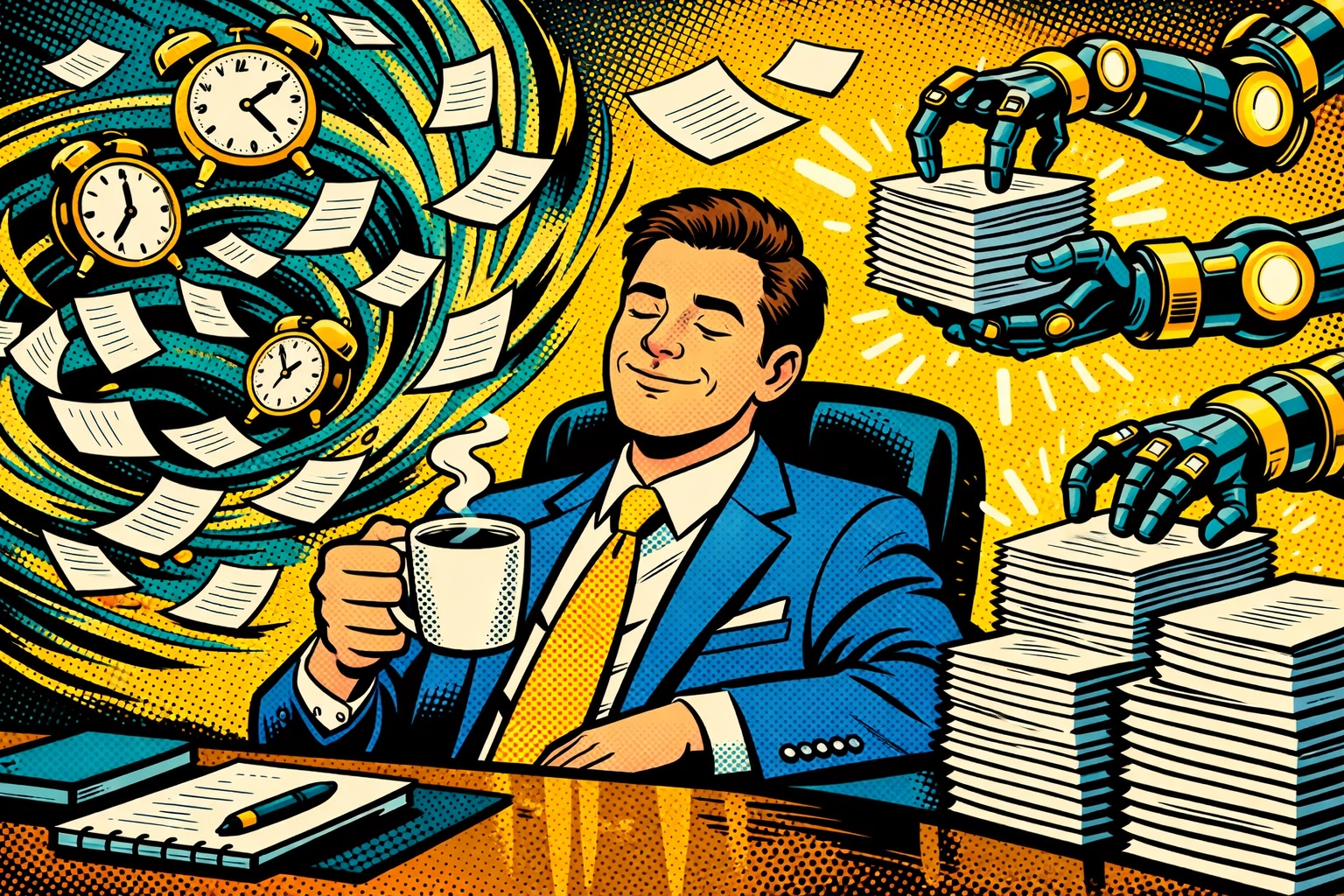 Business owner relaxing with coffee while business automation tools organize tasks and documents.