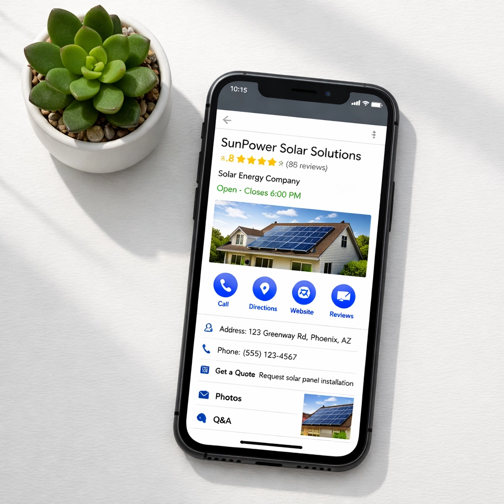 Google Business Profile displayed on smartphone for solar company local search optimization