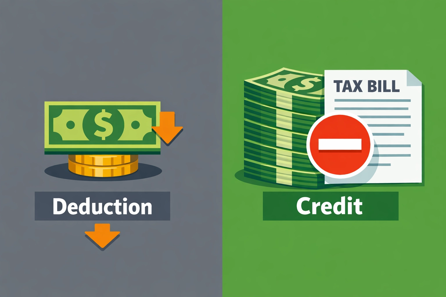 Tax credits vs deductions comparison illustrating dollar-for-dollar savings benefits