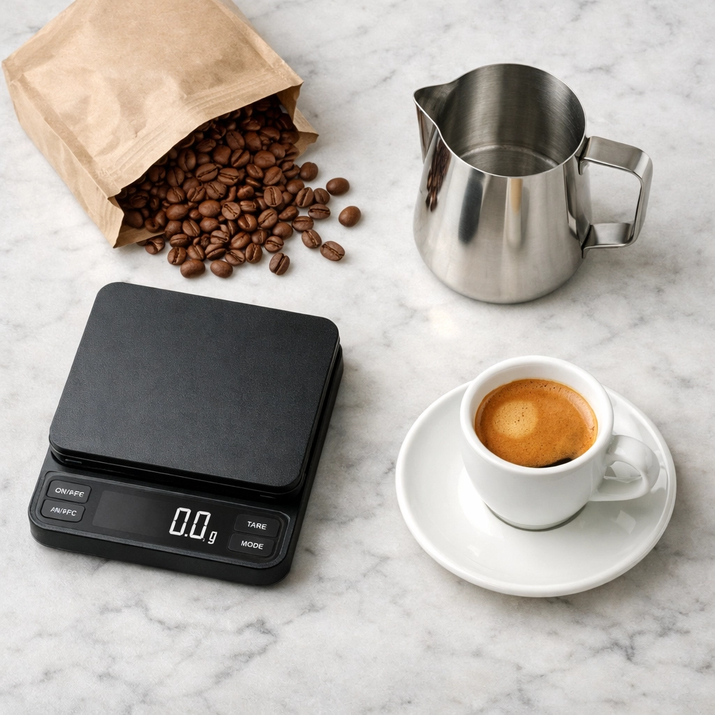Flat lay of wholesale coffee beans and brewing equipment for professional shop logistics.