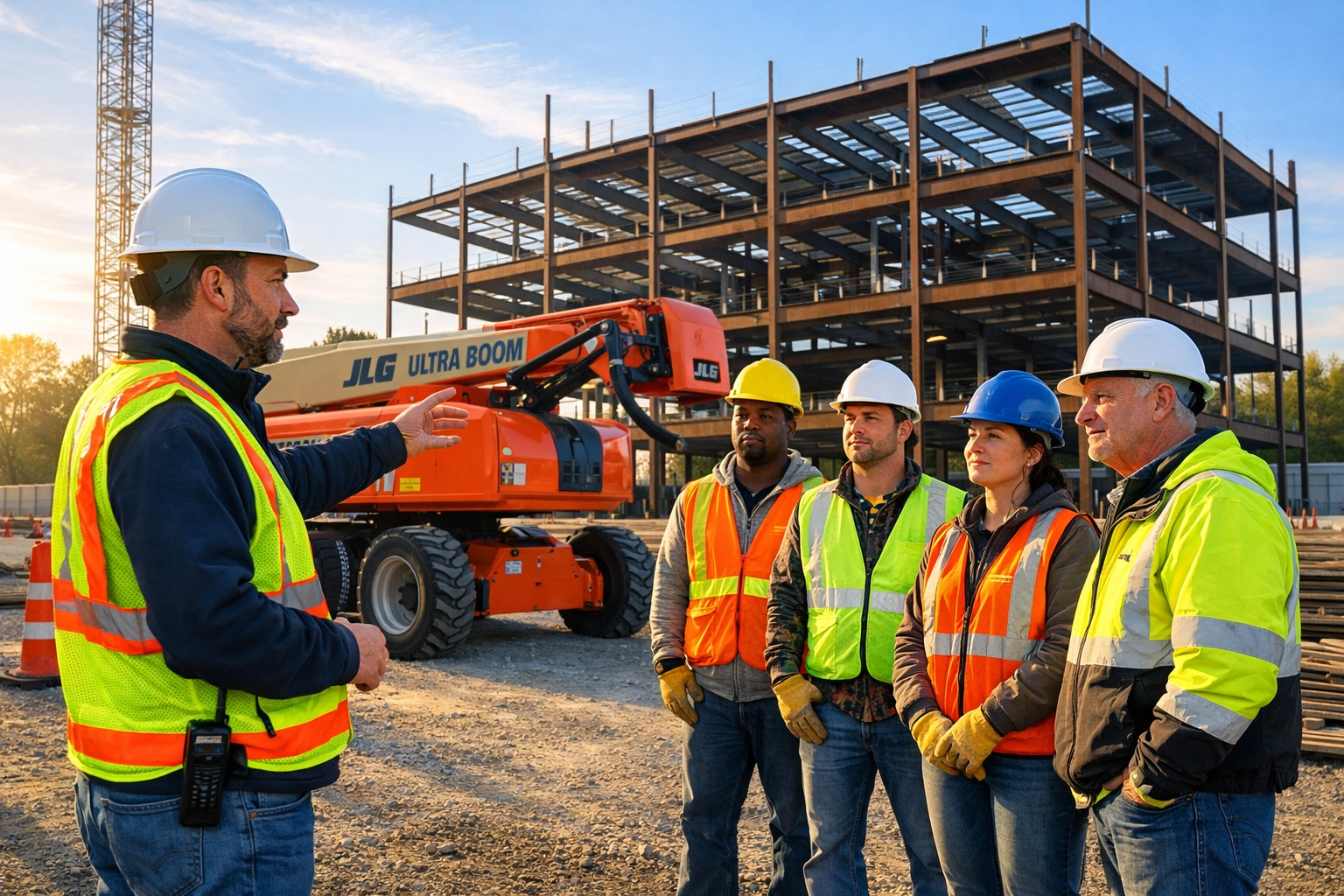 Morning safety briefing for construction workers on a modern Connecticut commercial job site.