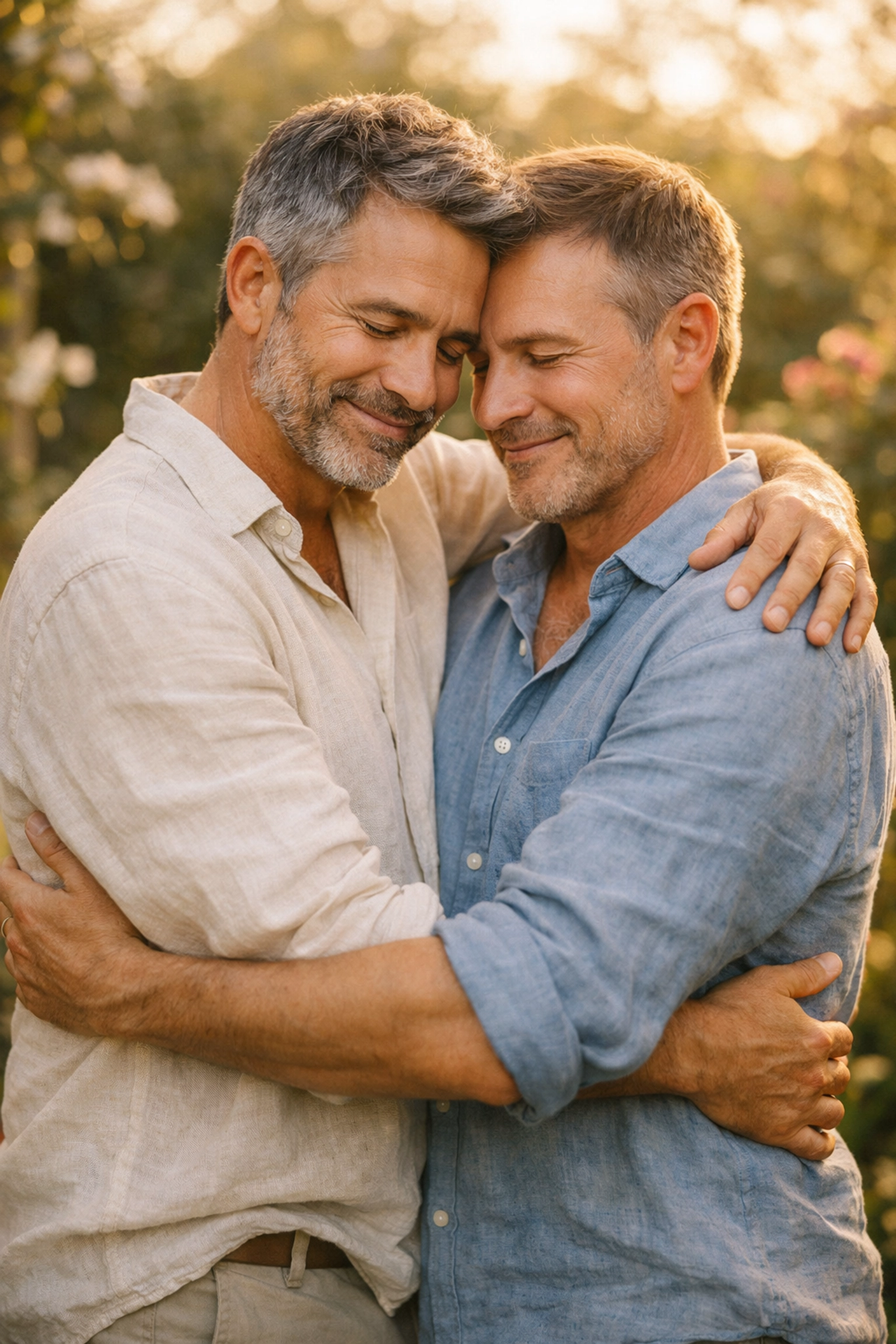An older gay couple embracing in a sunlit garden, reflecting health and happiness in MM romance.