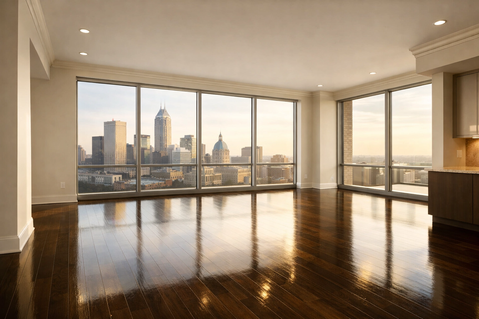 Sunlit luxury apartment in Indianapolis with polished hardwood floors, perfectly prepped for a new tenant move-in.