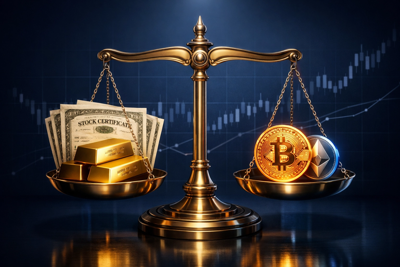 Balance scale showing traditional gold bars and stocks versus Bitcoin and Ethereum crypto assets