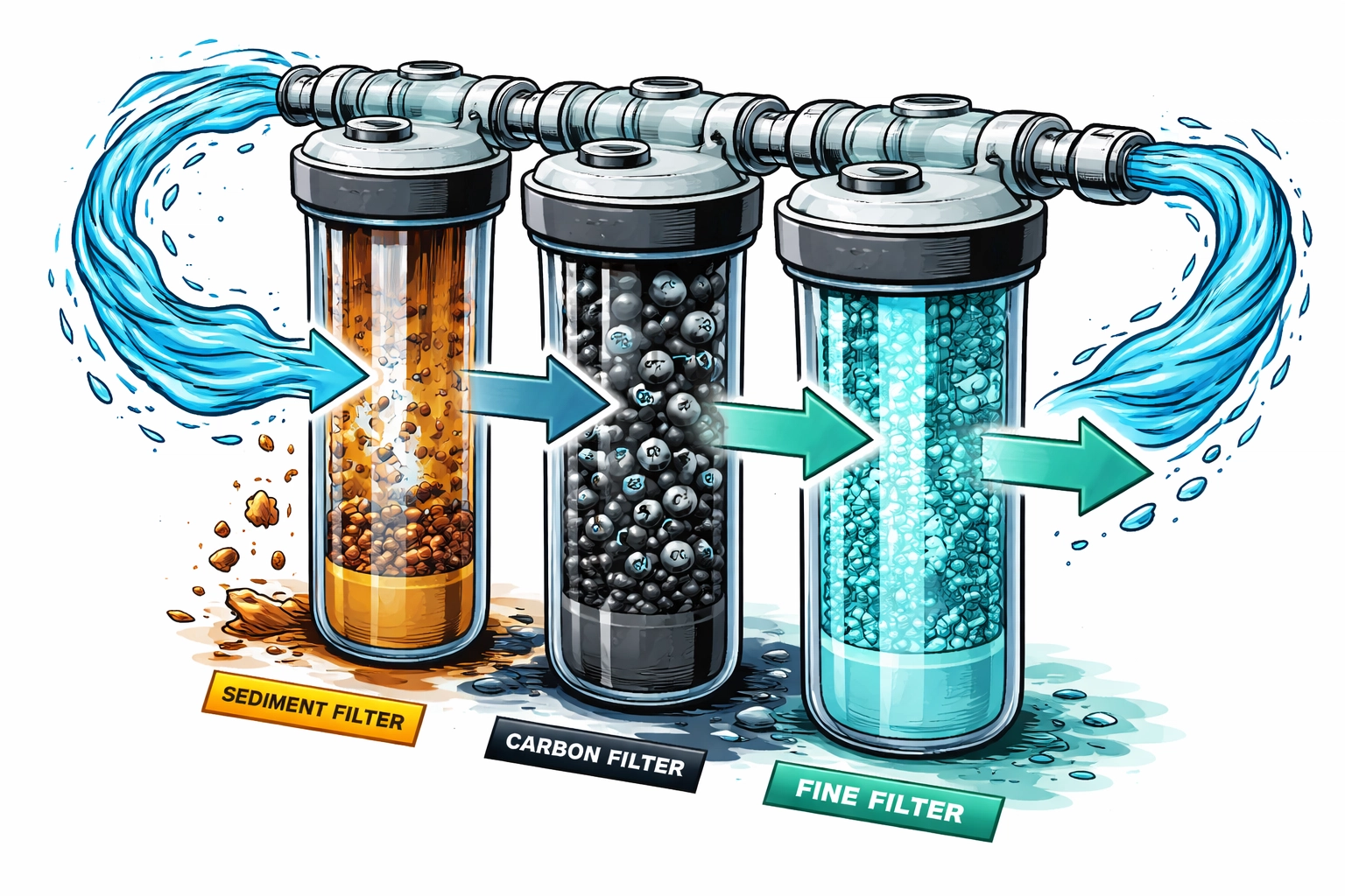 Cutaway illustration of multi-stage RV water filter system showing sediment, carbon, and fine filtration