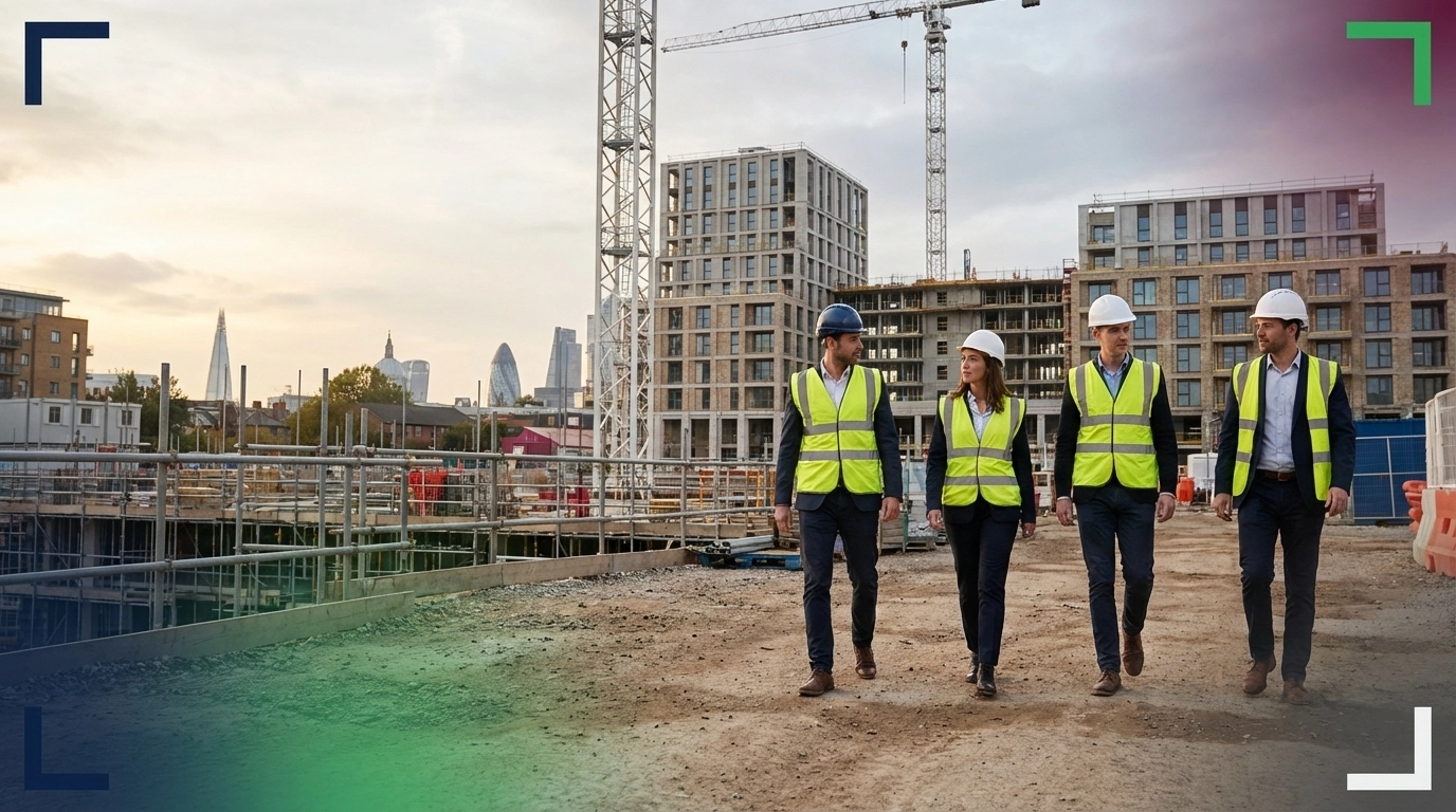 Four professional people viewing a building site