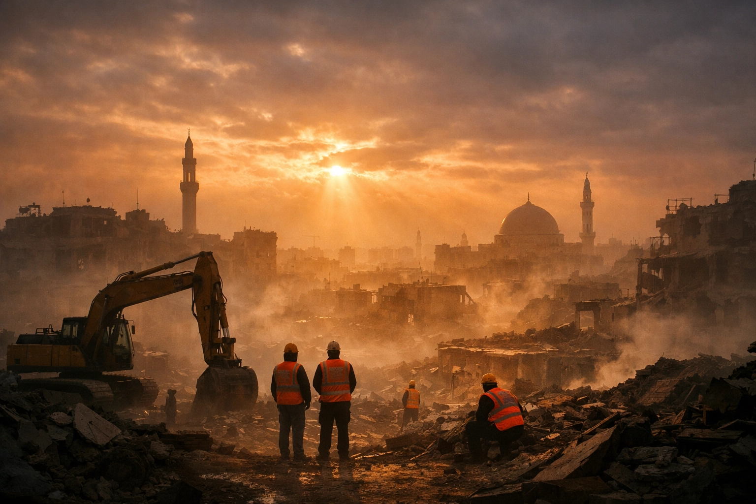 Gaza reconstruction with aid workers and equipment at dawn amid damaged buildings
