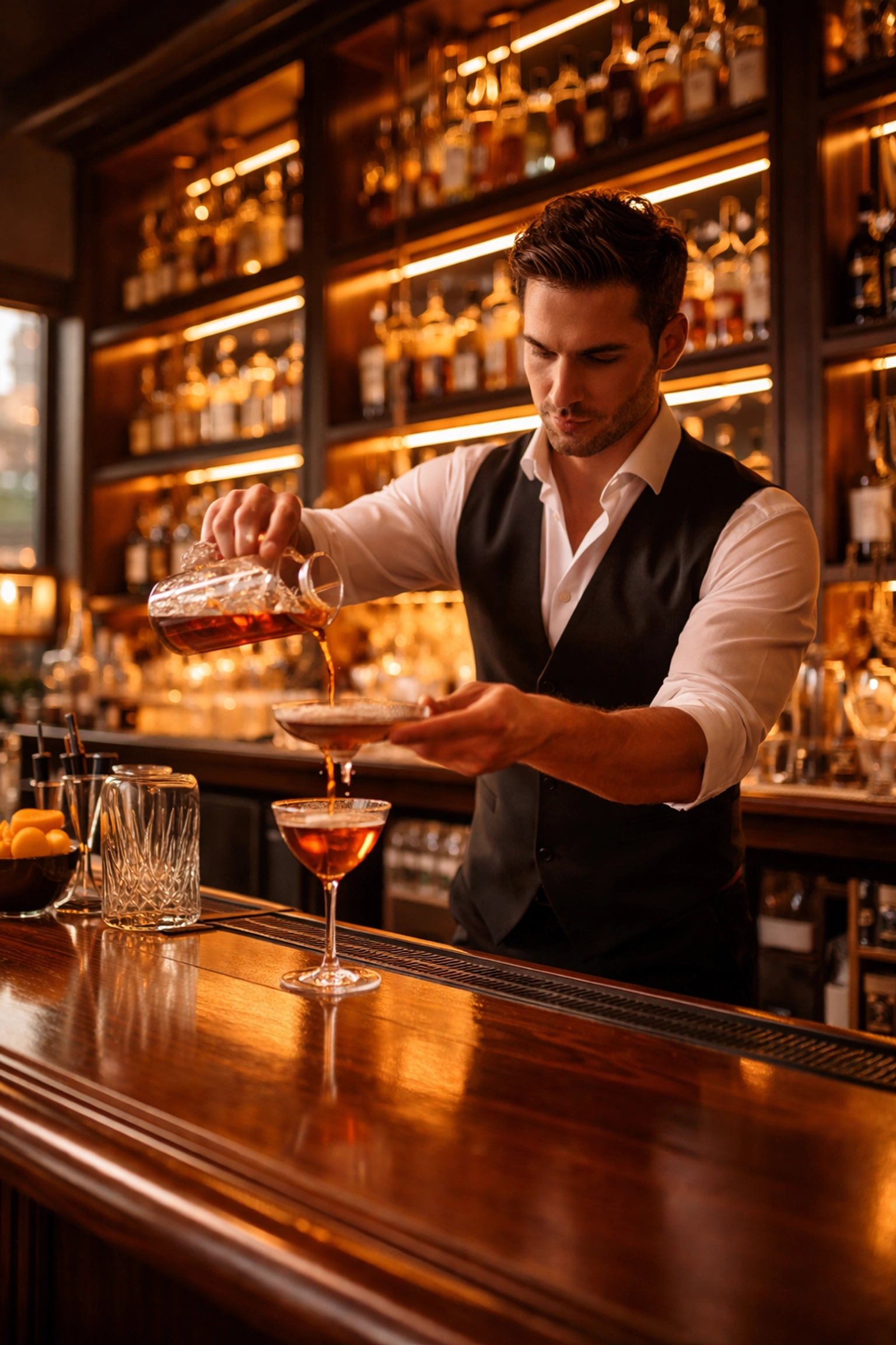 Upscale restaurant bar with bartender pouring cocktails, illustrating liquor liability insurance importance.
