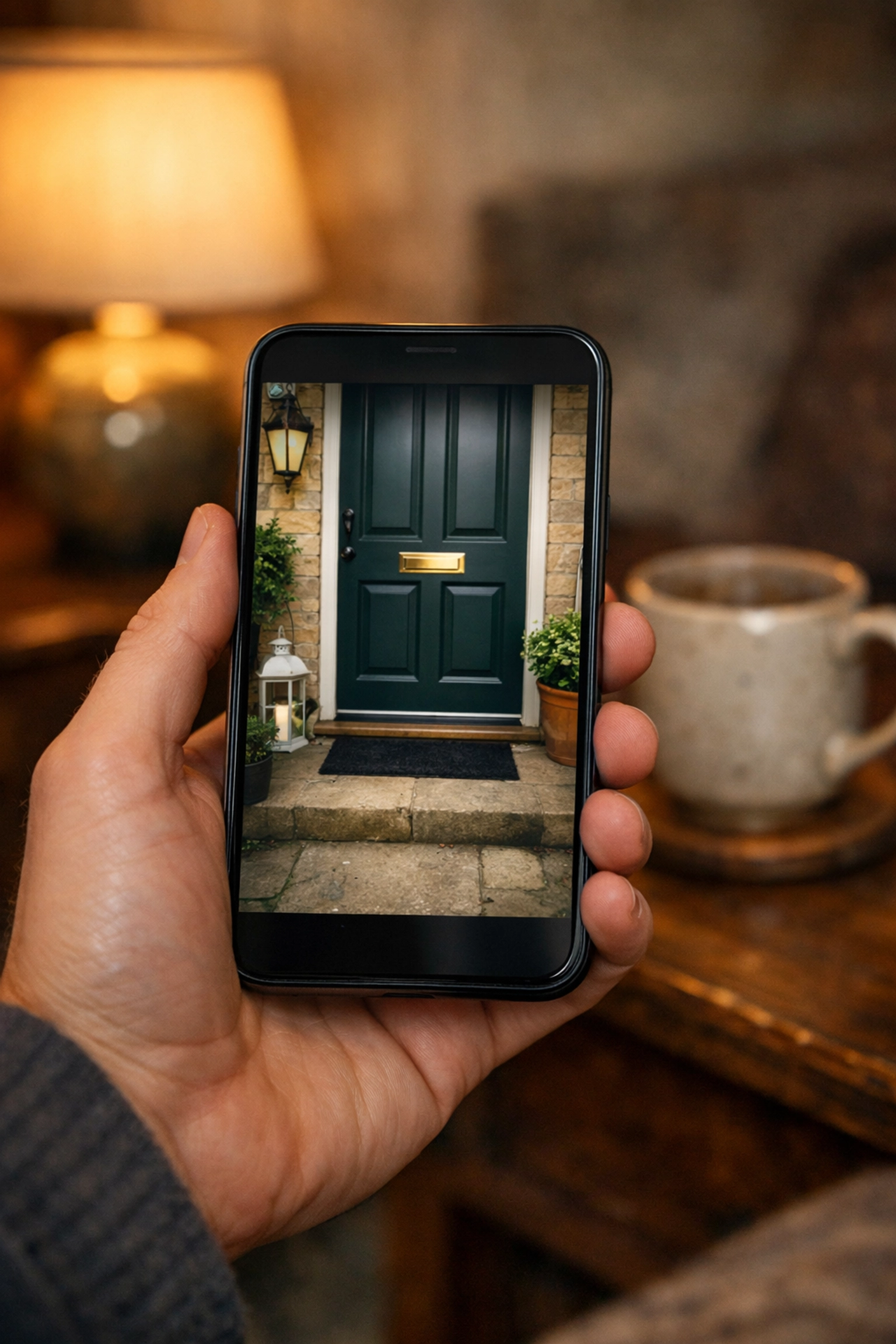 Remote CCTV monitoring on a smartphone showing a secure front door in Cheltenham.