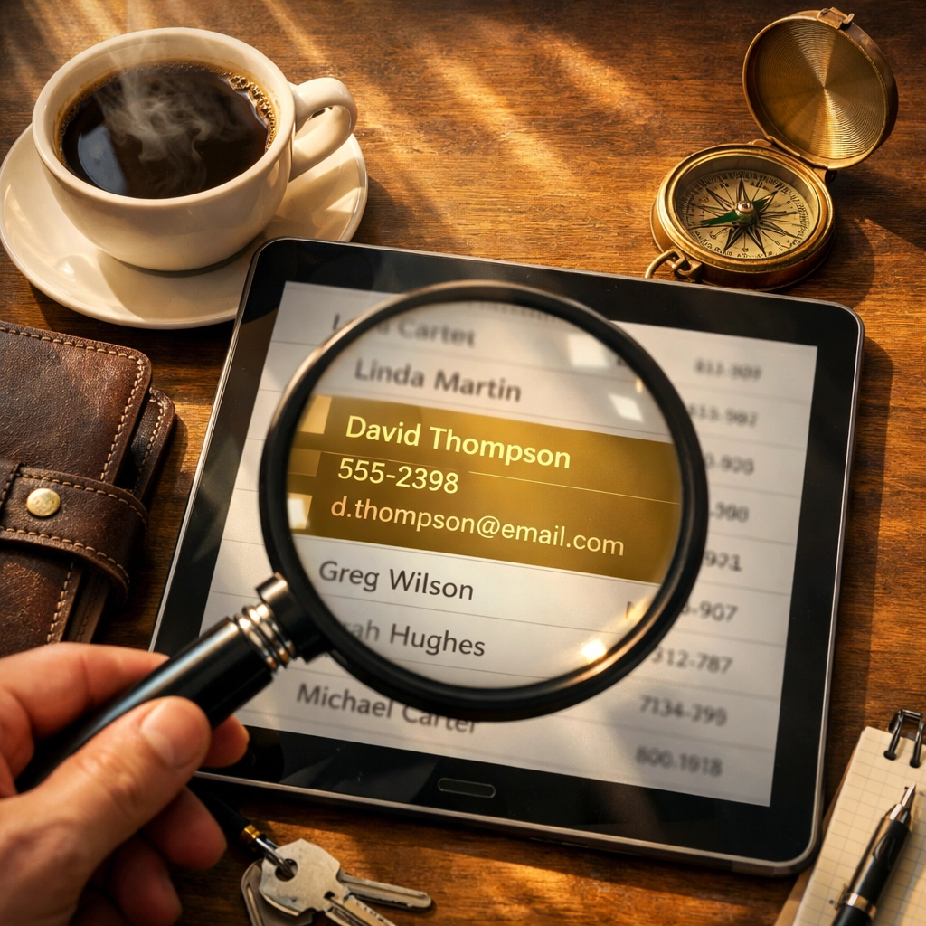 Magnifying glass highlighting contact names to find hidden deals during a CRM database audit.