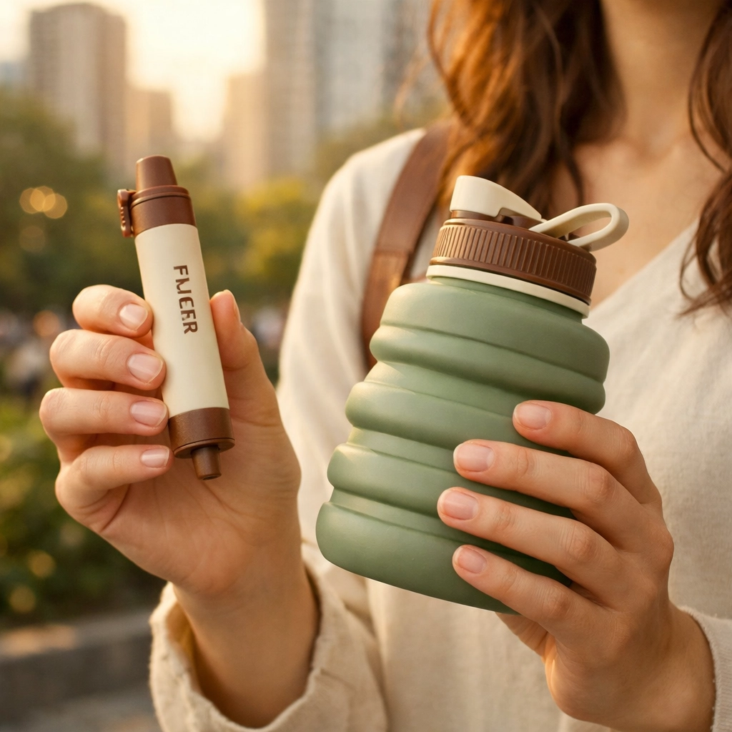 Water filtration straw and collapsible bottle for lightweight urban emergency preparedness kit The Urban Survival Kit: Emergency Prepping for the Carless Woman