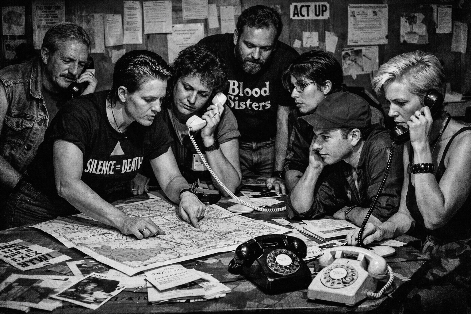 LGBTQ+ activists organize during the 1980s, showcasing the community solidarity central to many queer fiction stories.