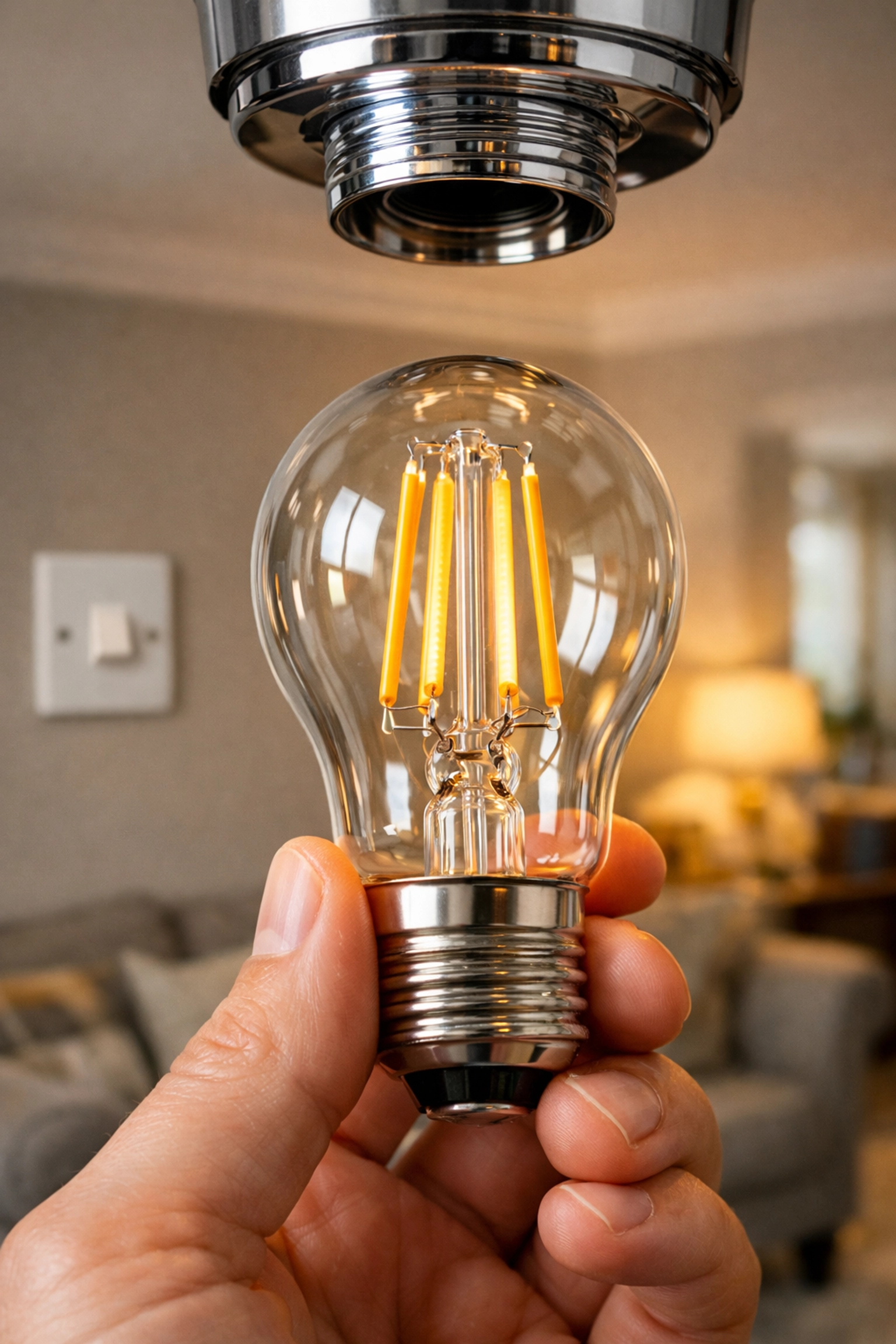 Installing a high-efficiency LED bulb in a contemporary ceiling fixture in a Bournemouth home.