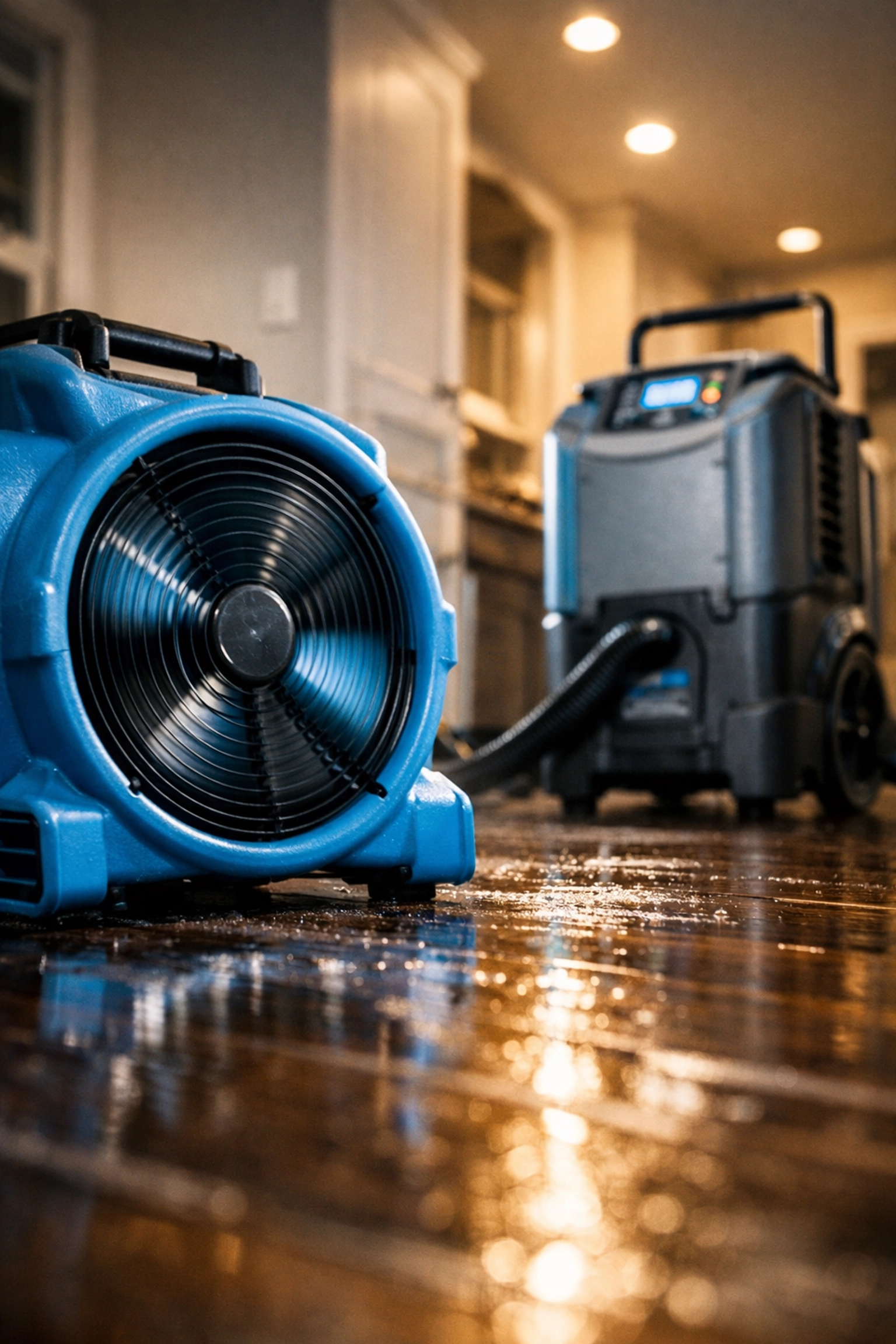 Professional water damage restoration equipment drying a damp hardwood floor in a Berks County home.