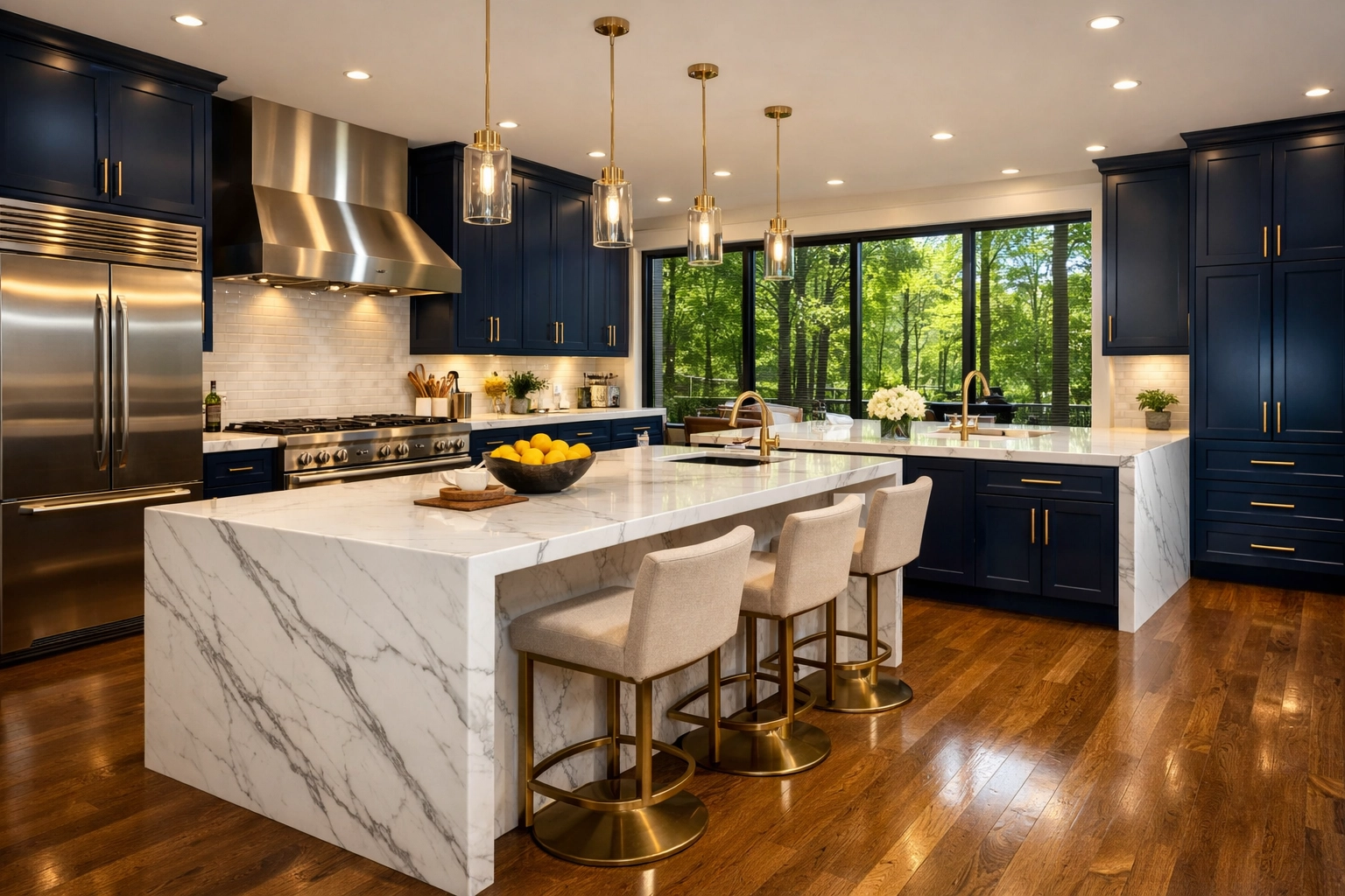 Spotless luxury kitchen in Hopkinton with marble islands, cleaned by a reliable house cleaning service.