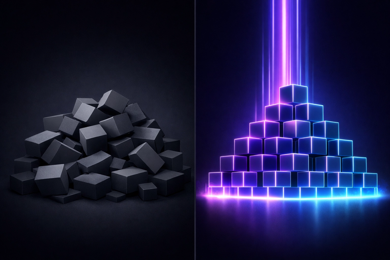 AI organizing chaotic data into a structured grid for faster business SEO results.