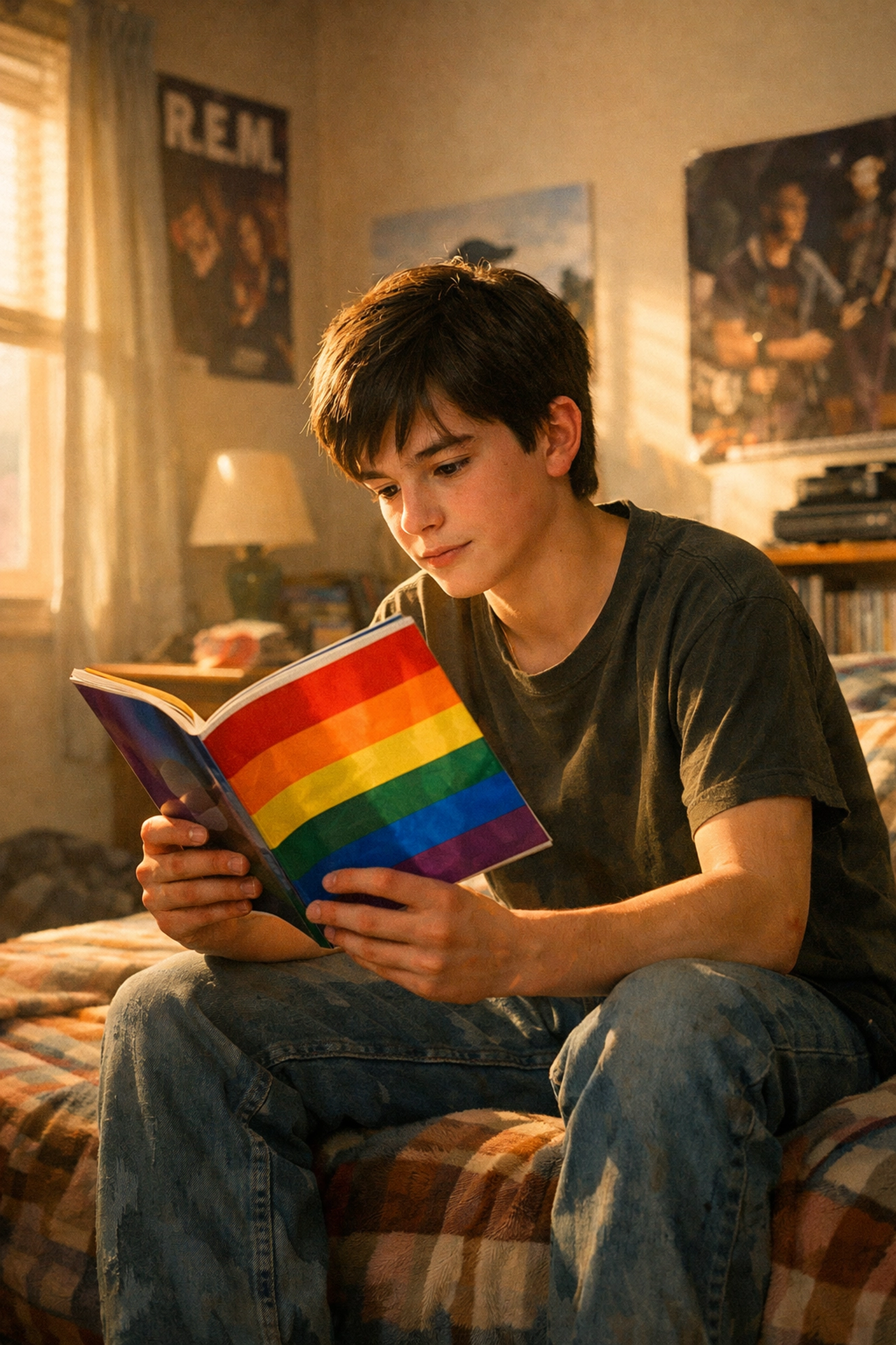 Teenage boy discovering LGBTQ+ identity through gay magazine in 1990s coming-of-age story