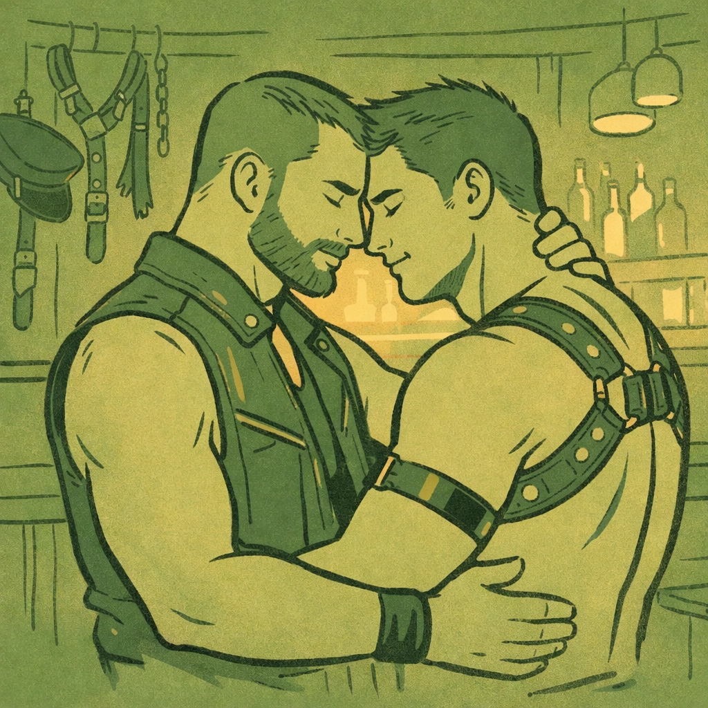 Gay couple embracing in leather bar showing emotional connection and trust