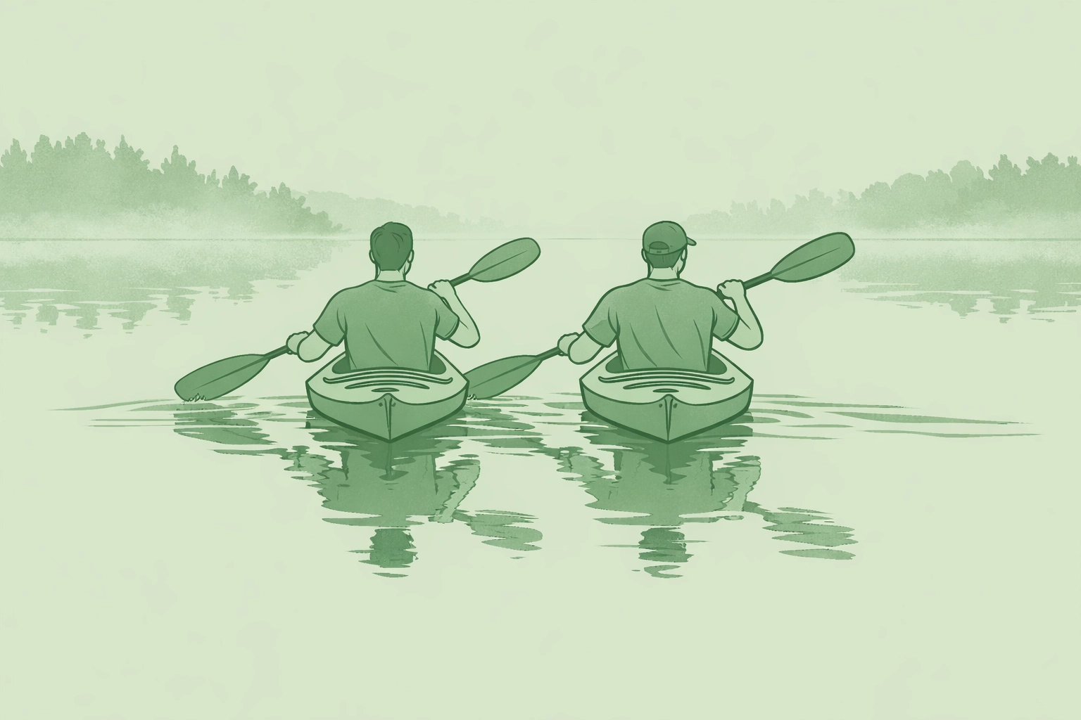 Two gay men kayaking together on calm water - solitary summer water activity for introverts