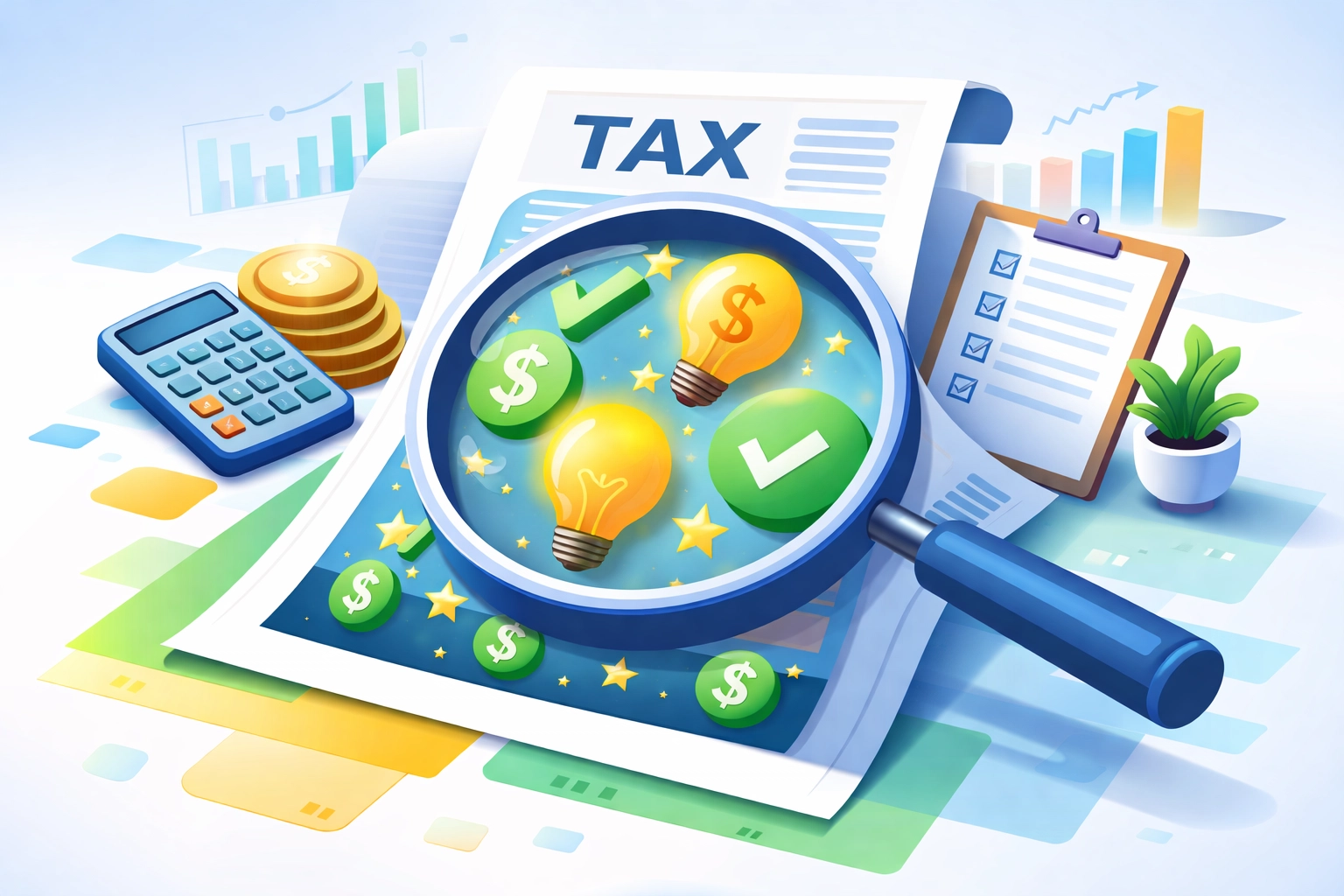 Magnifying glass revealing tax savings and deductions on a document, highlighting the value of professional tax consultation
