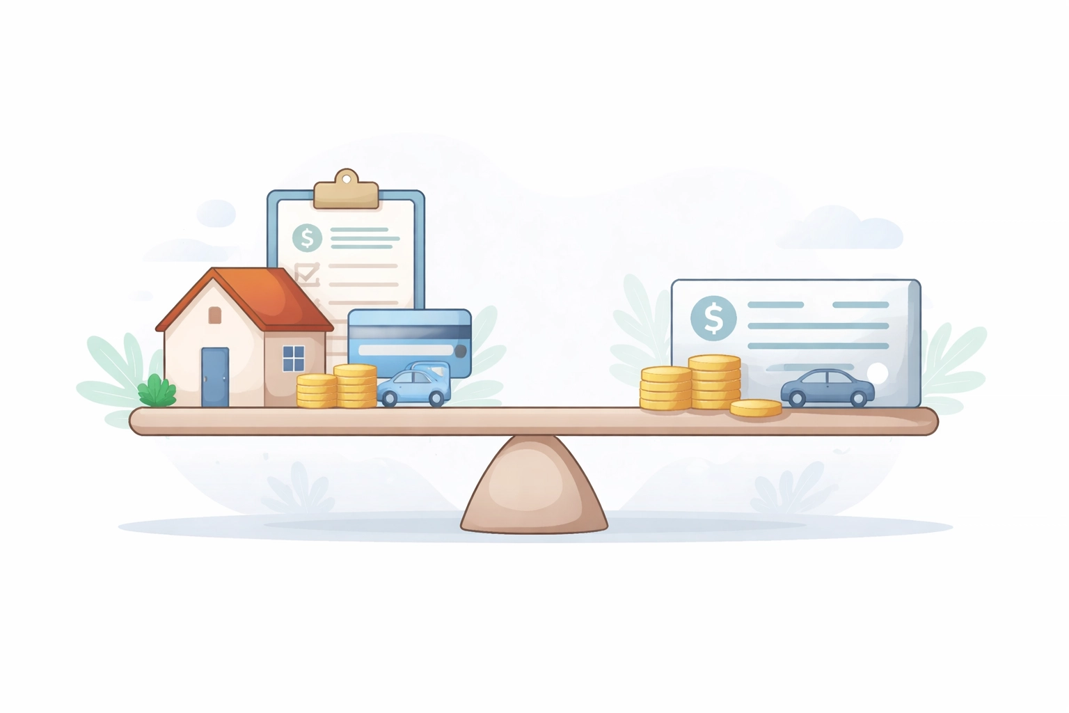 Illustration of a balanced scale with a house and coins, symbolizing the 2026 debt-to-income lending rules.