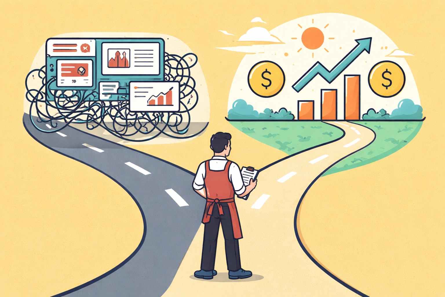 Small business owner at a crossroads choosing between complicated ad management and a clear path to growth with AI.